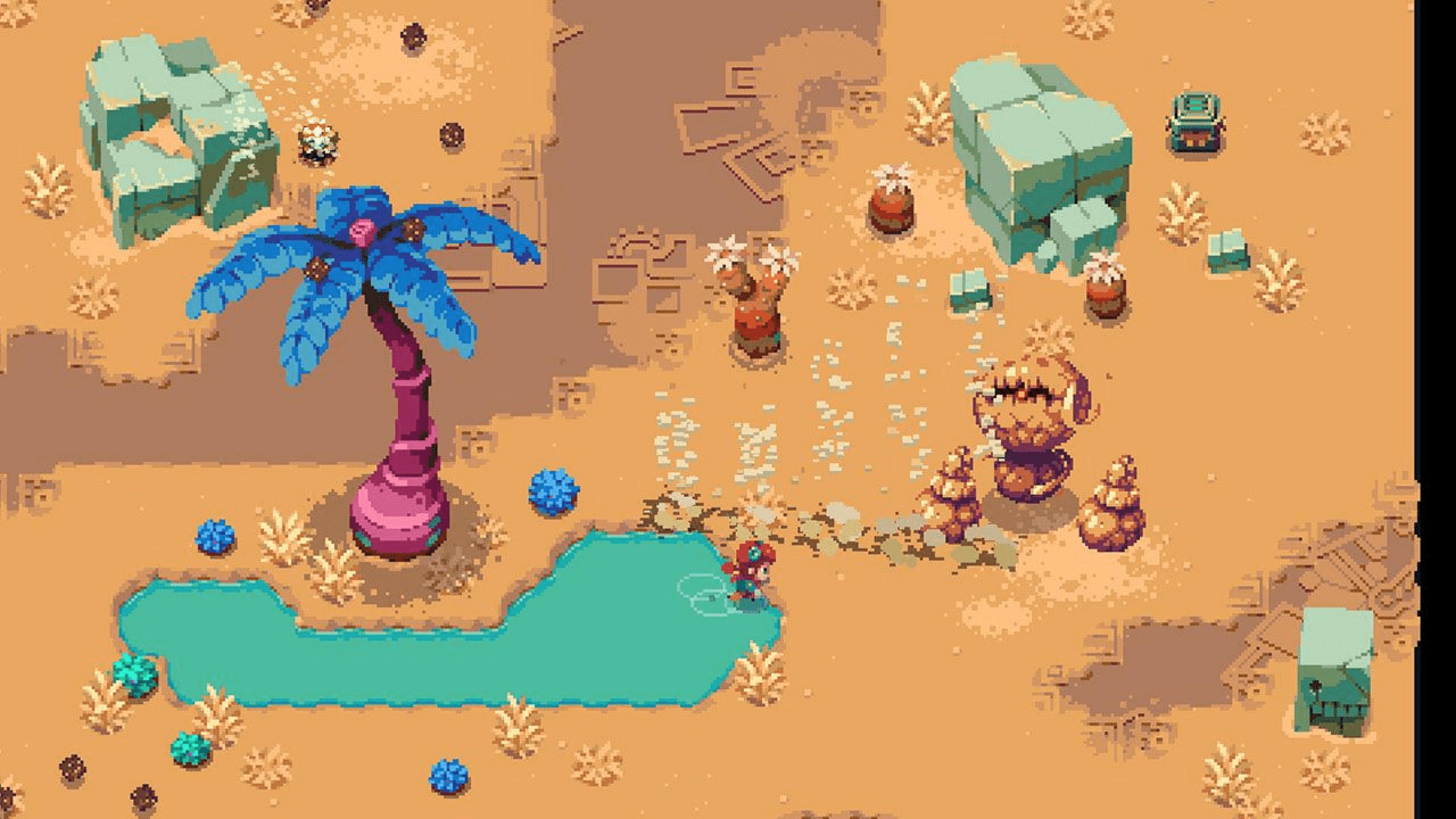 Pixel-Wüstenlandschaft mit Palmen, blauen Blumen, einem Teich und einer Figur.