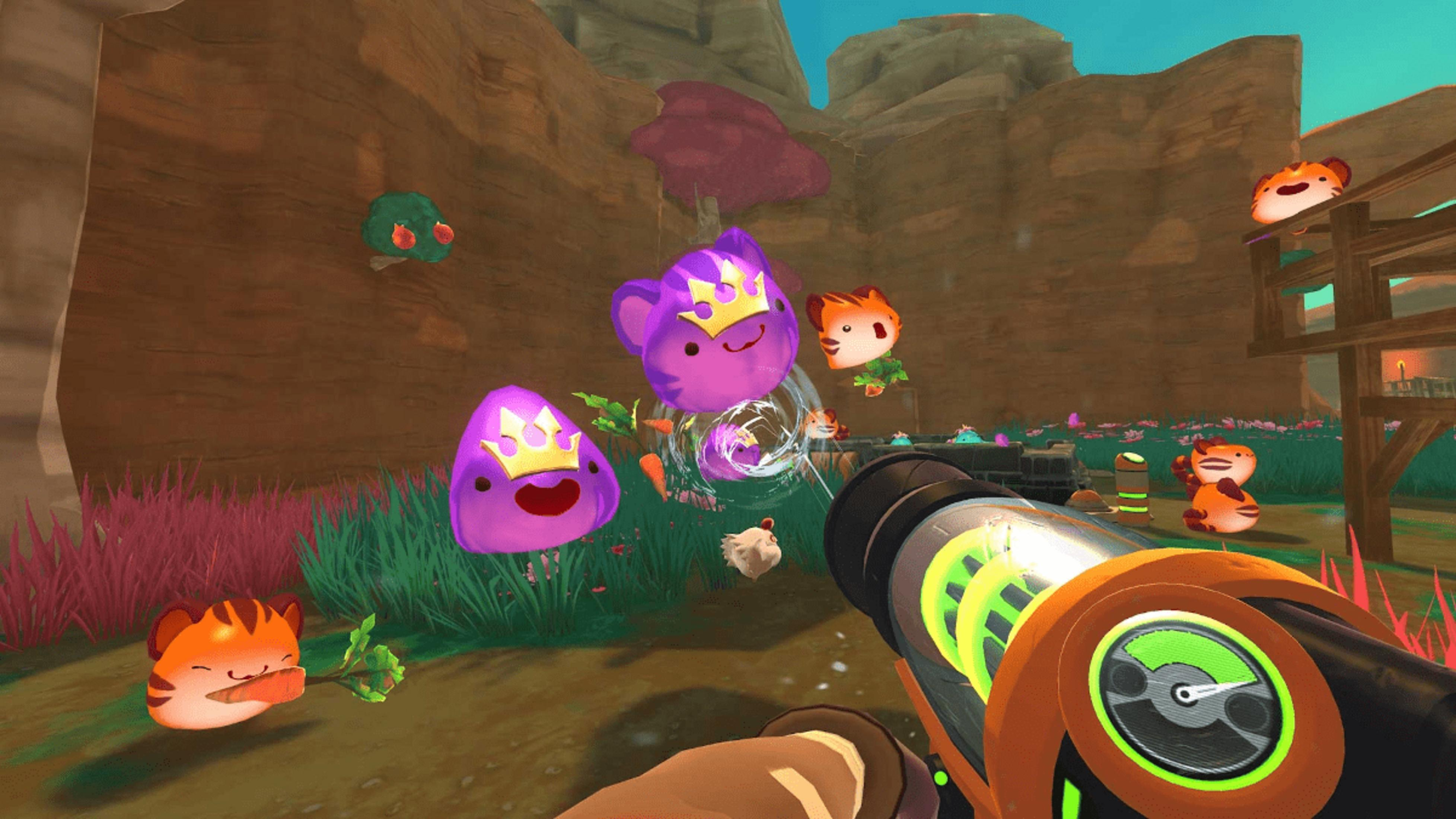 Ein Spieler hält eine orange-grüne Waffe, während viele Slimes und ein Huhn herumspringen.