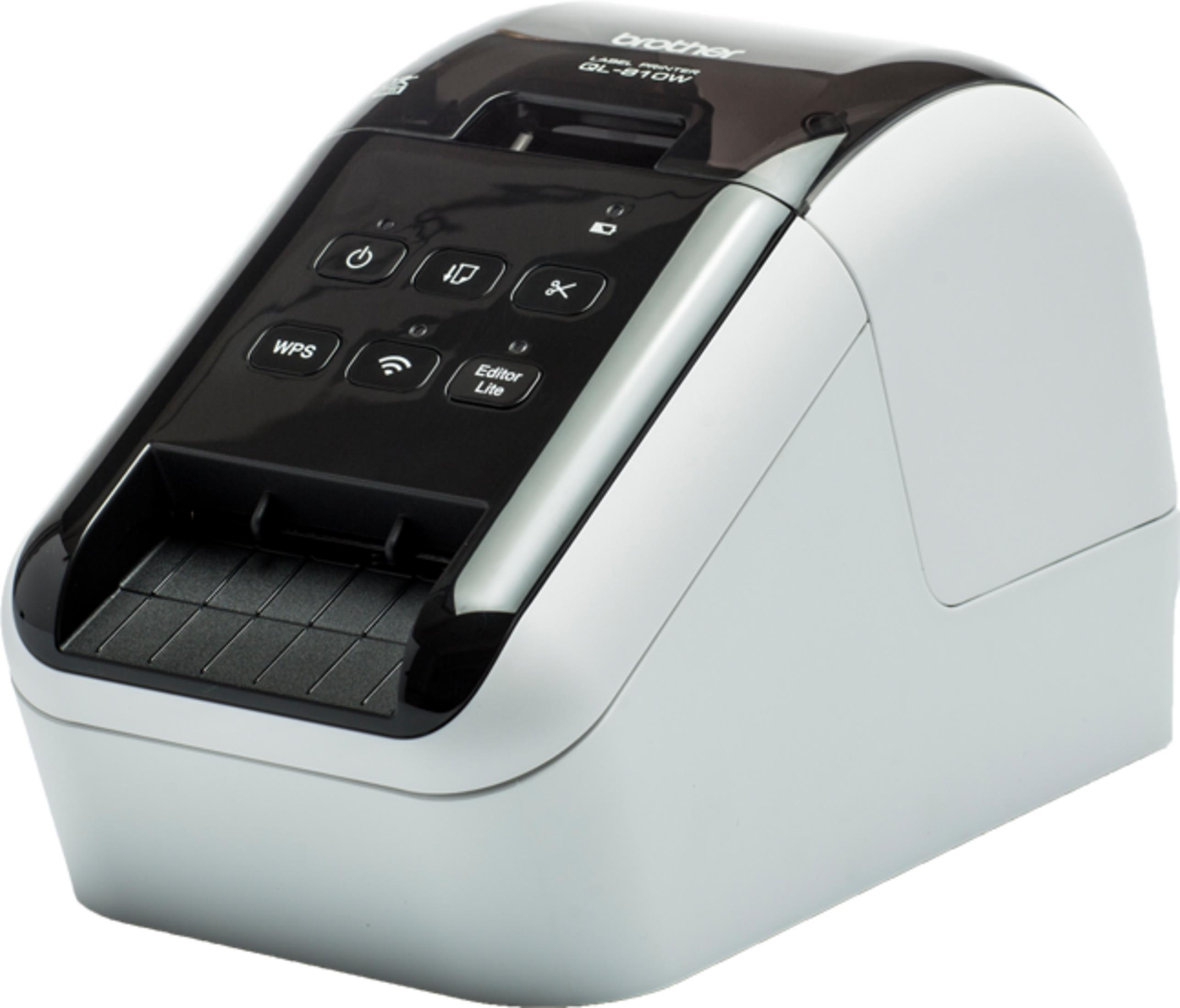 Una stampante per etichette Brother GL-810W grigia e nera con pulsanti.