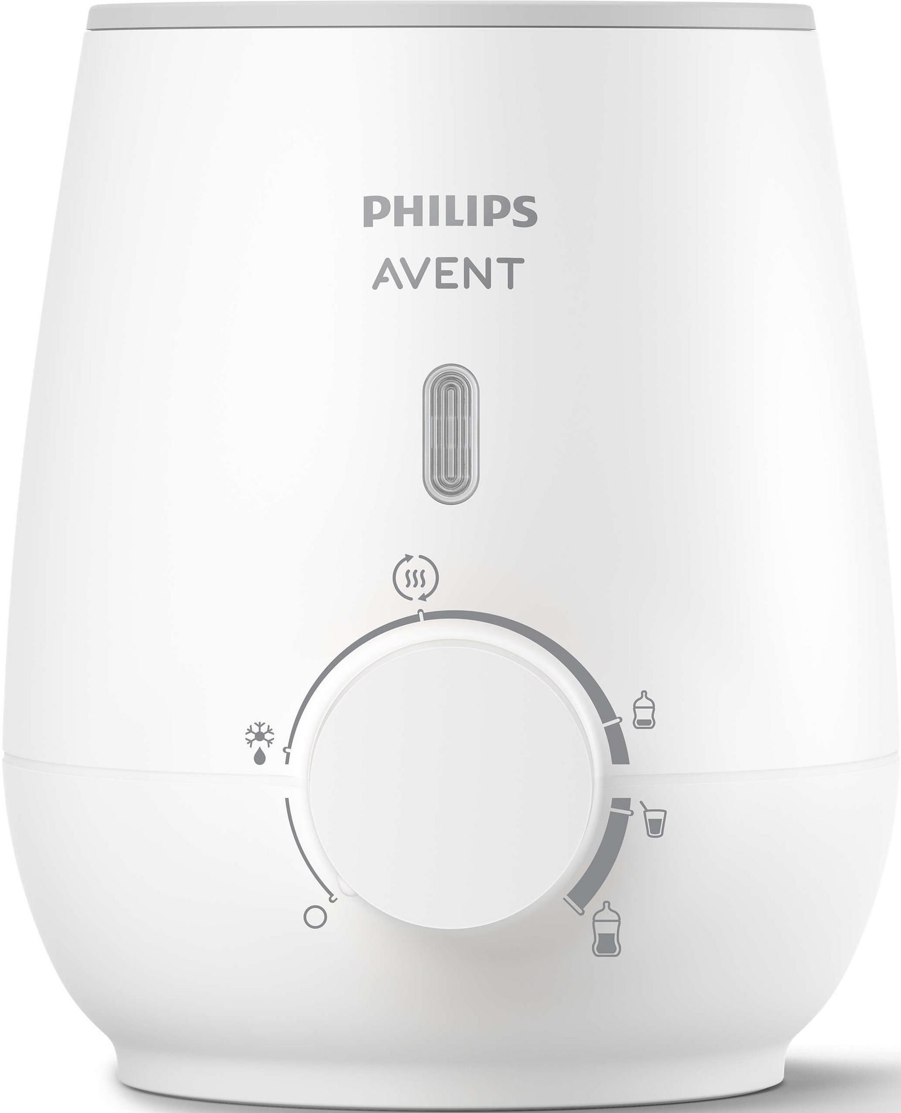 Weißer Philips Avent Flaschenwärmer mit Bedienelementen und Symbolen.
