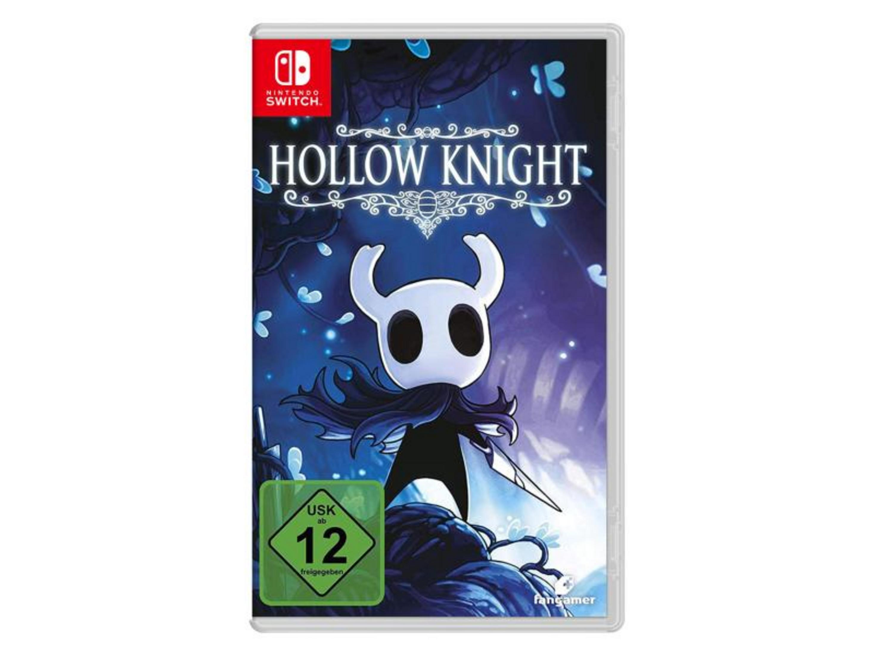 Boîtier Nintendo Switch Hollow Knight avec une créature insecte blanche et un poignard.
