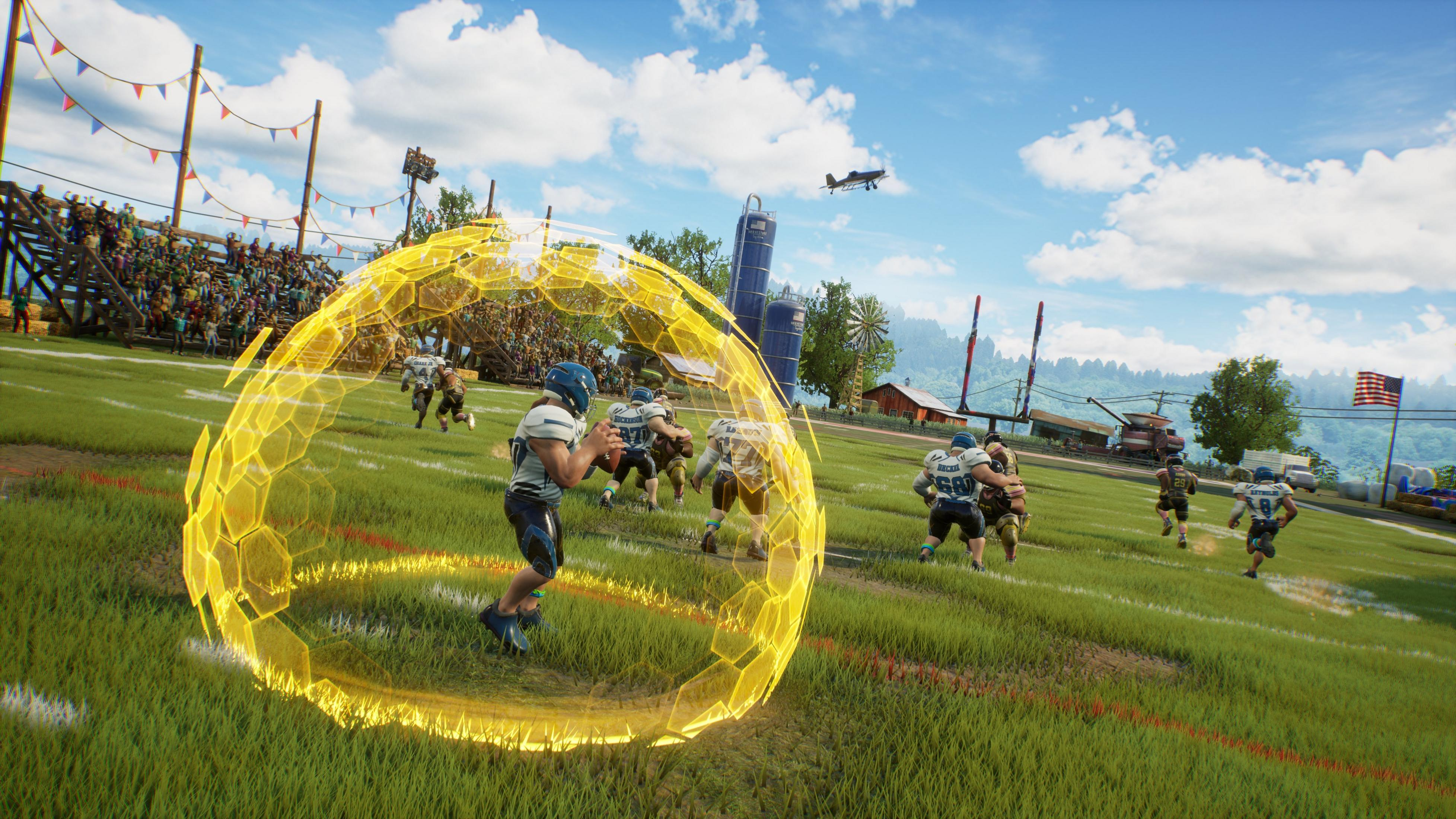 Amerikanisches Footballspiel mit gelber Energiekugel, Zuschauern und Flugzeug.