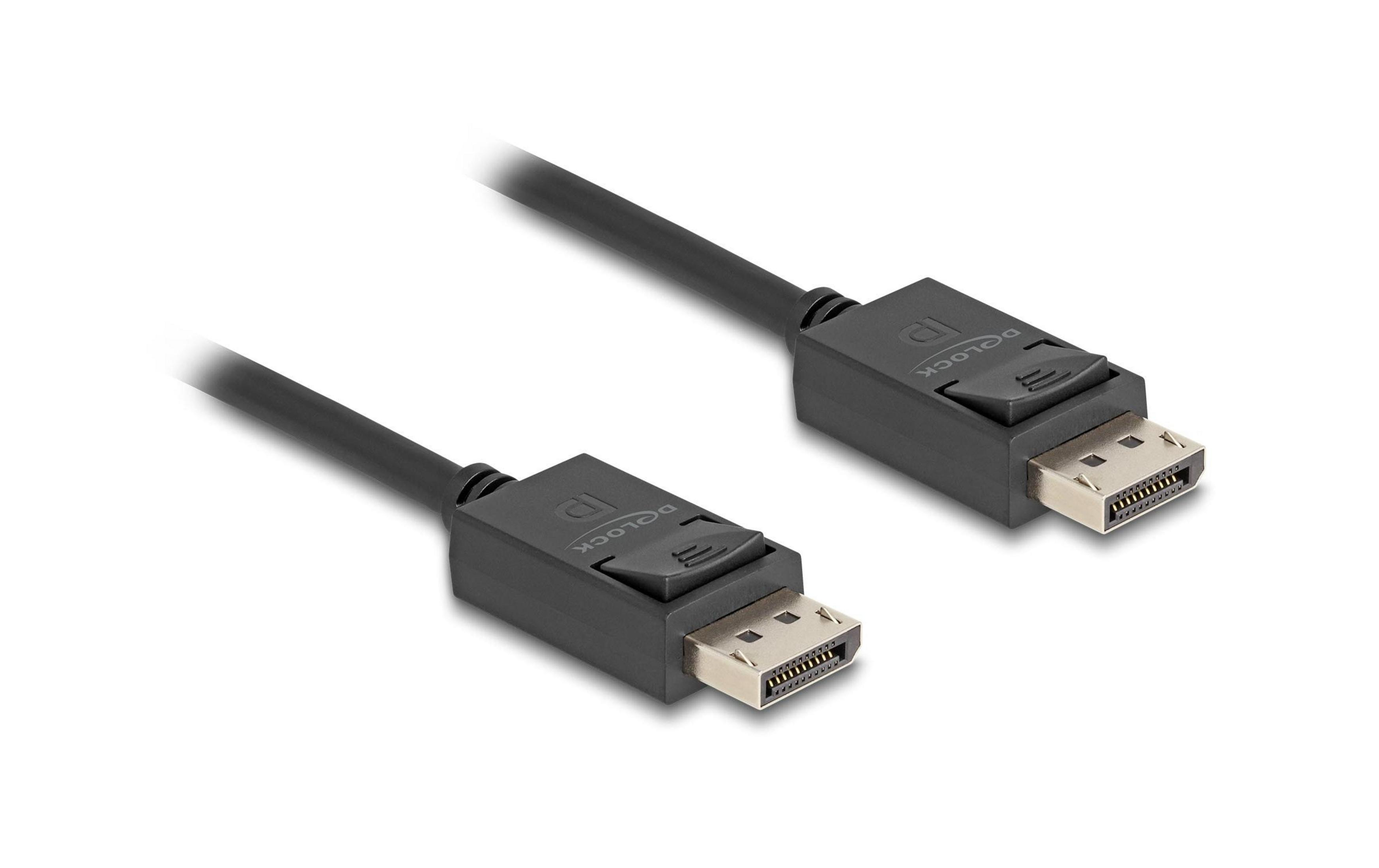 Zwei schwarze DisplayPort-Kabel mit Anschlüssen, auf weißem Hintergrund.