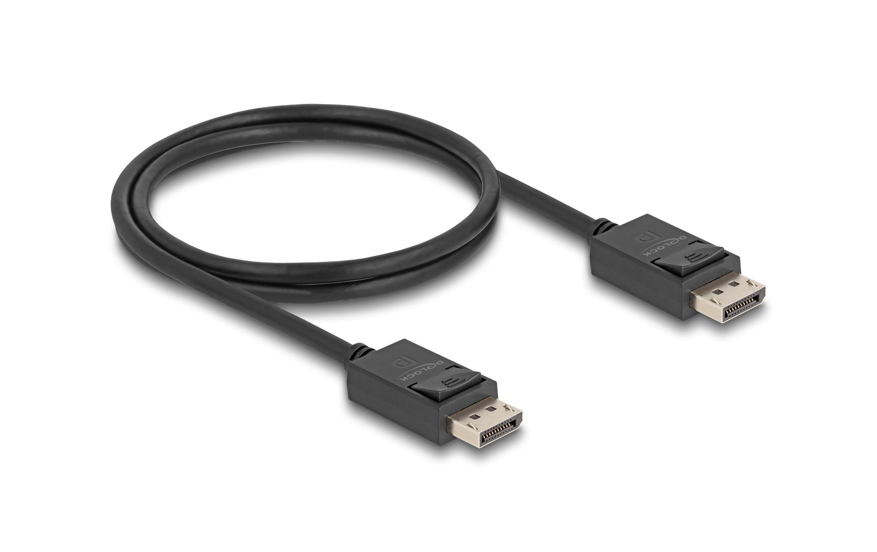 Ein schwarzes DisplayPort-Kabel mit zwei Anschlüssen.