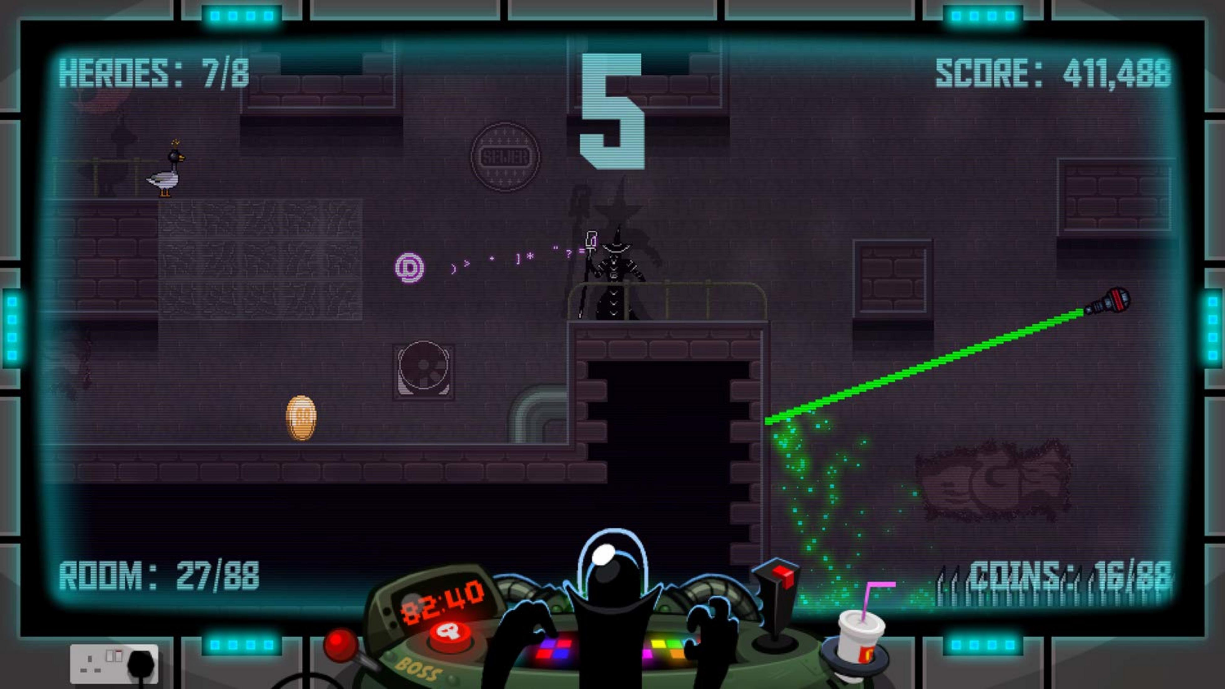 Una scena di videogioco con un'anatra, un mago e un raggio laser.