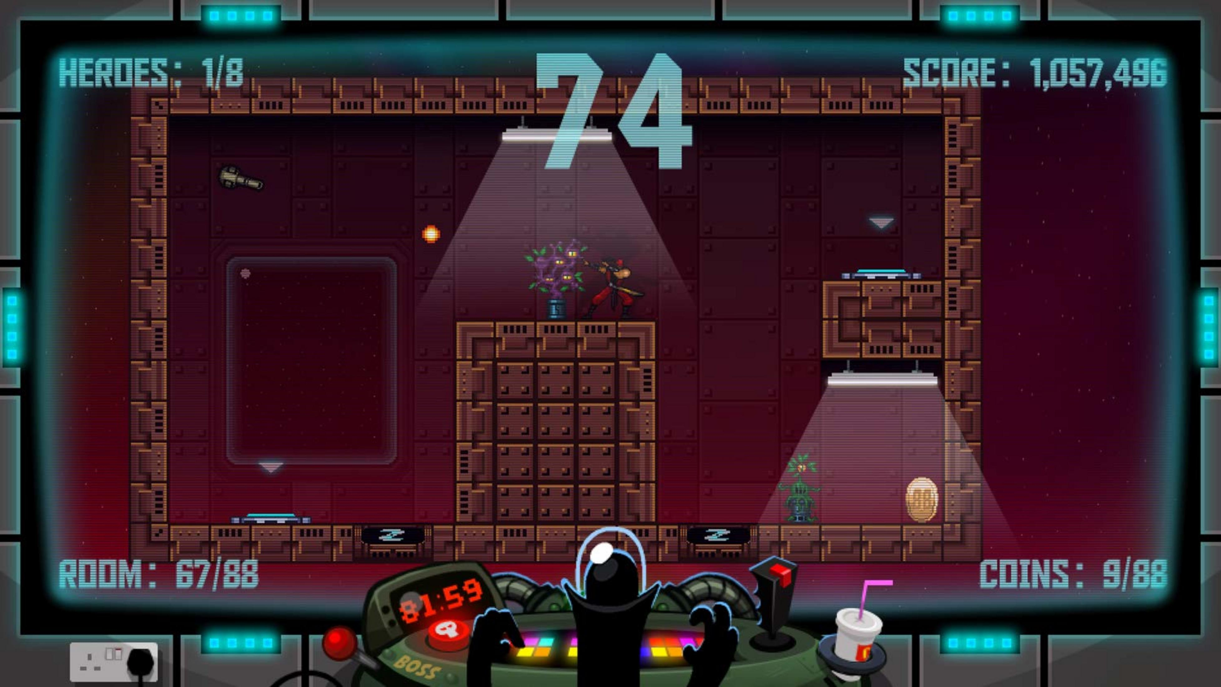 Schermata di gioco 2D con un personaggio giocatore che combatte su piattaforme. Vengono visualizzate statistiche di gioco.