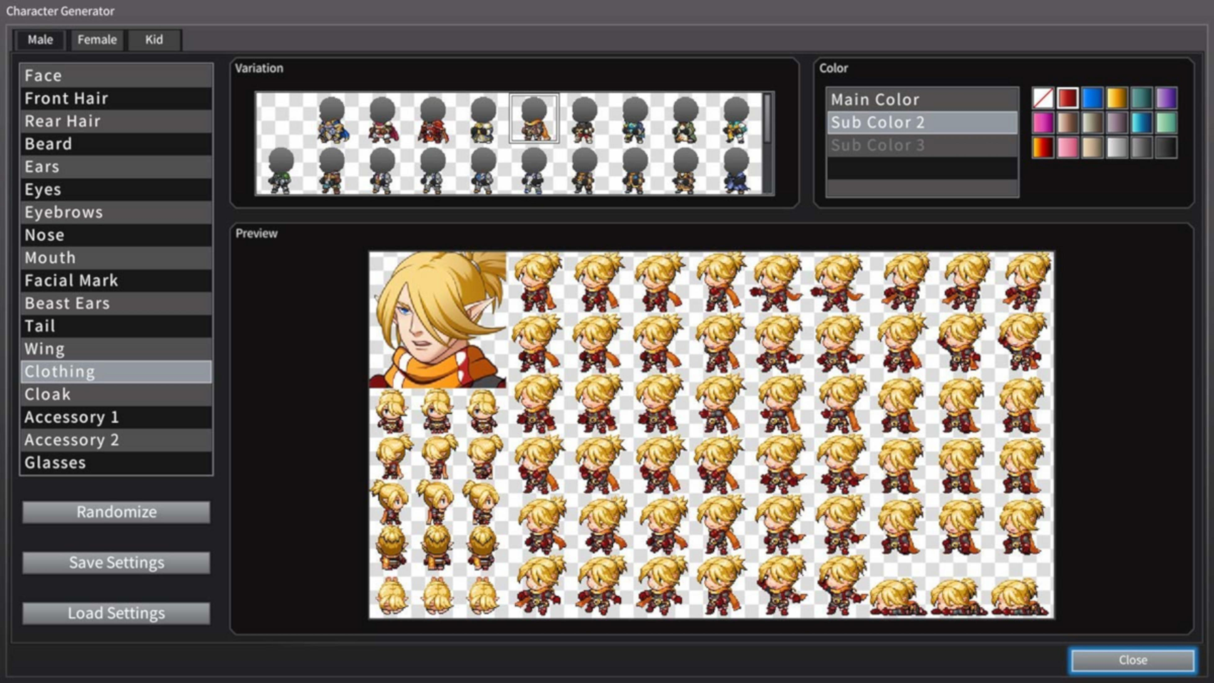 Generator postaci z opcjami personalizacji i podglądami postaci z anime.