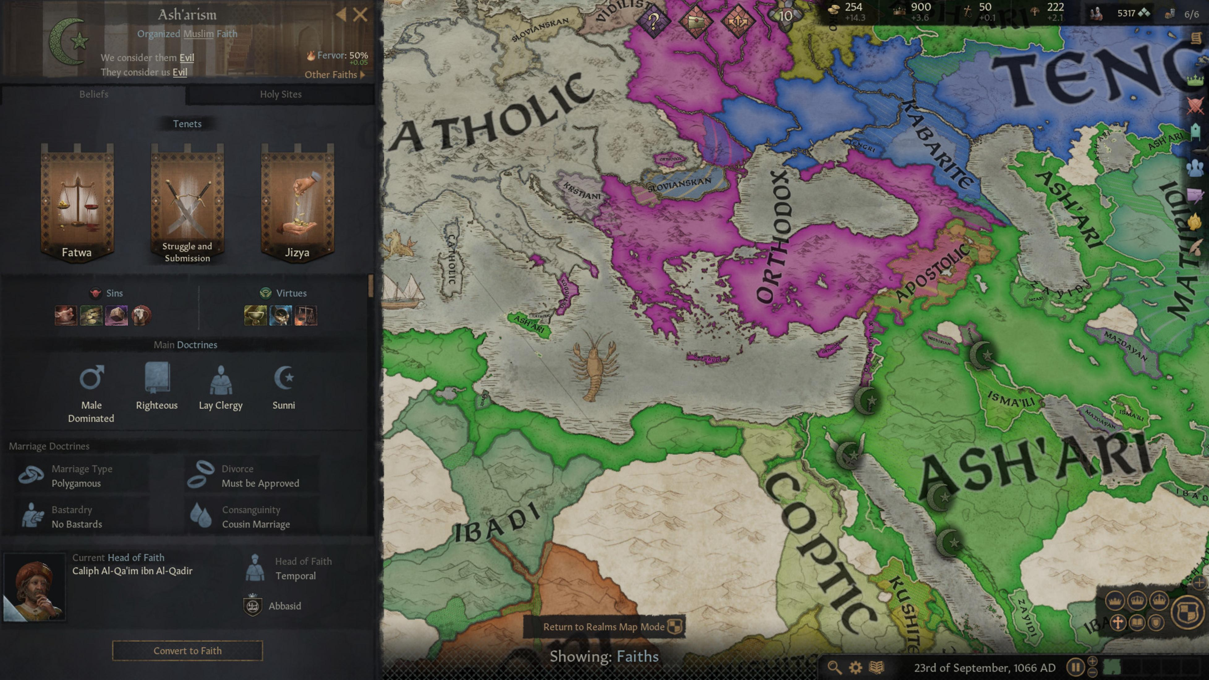 Interfejs mapy strategicznej pokazuje tereny religijne w Europie i na Bliskim Wschodzie. Ash'ari jest zaznaczone na zielono.