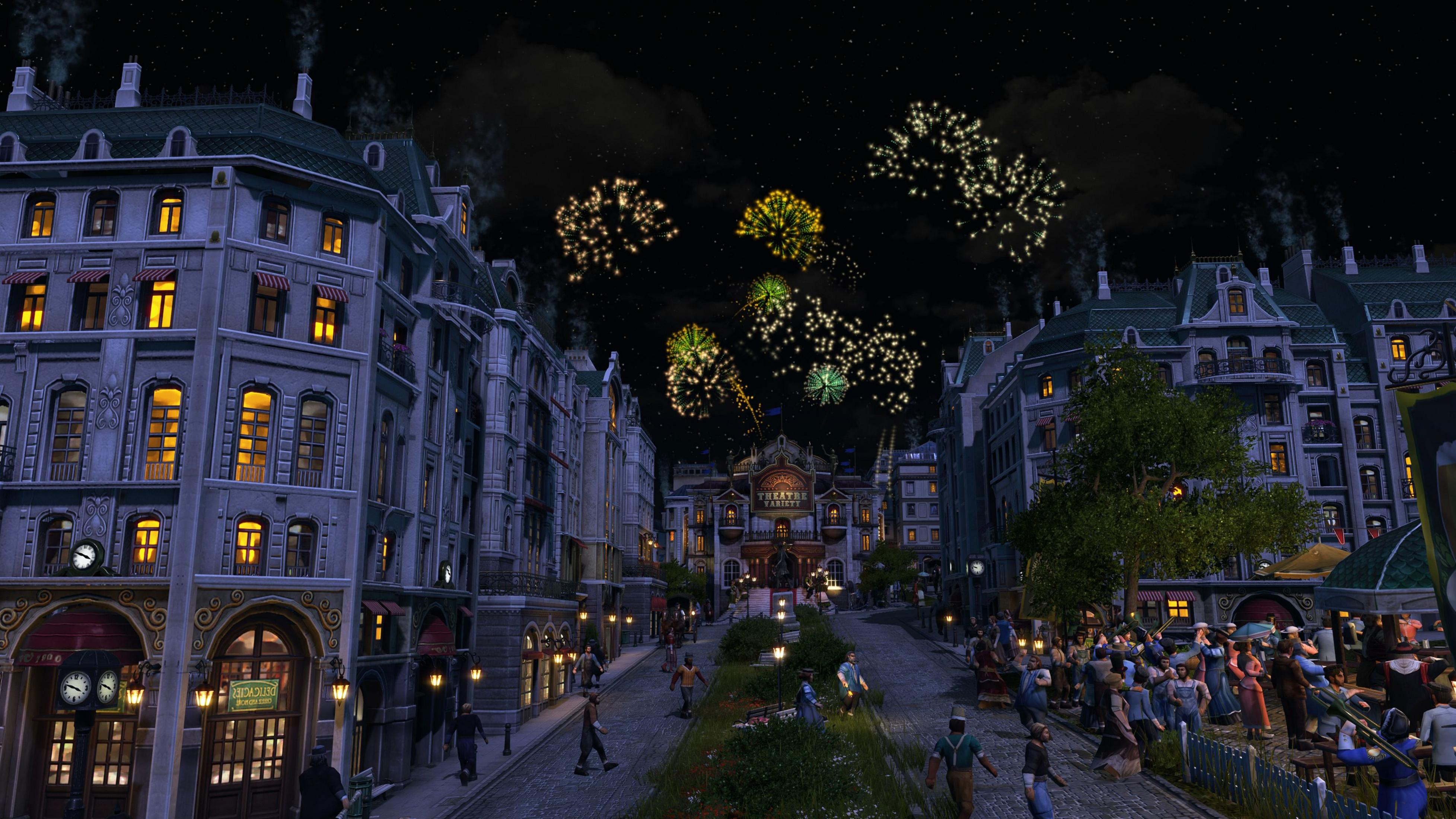 Feuerwerk über einer Stadtstraße mit viktorianischer Architektur bei Nacht.