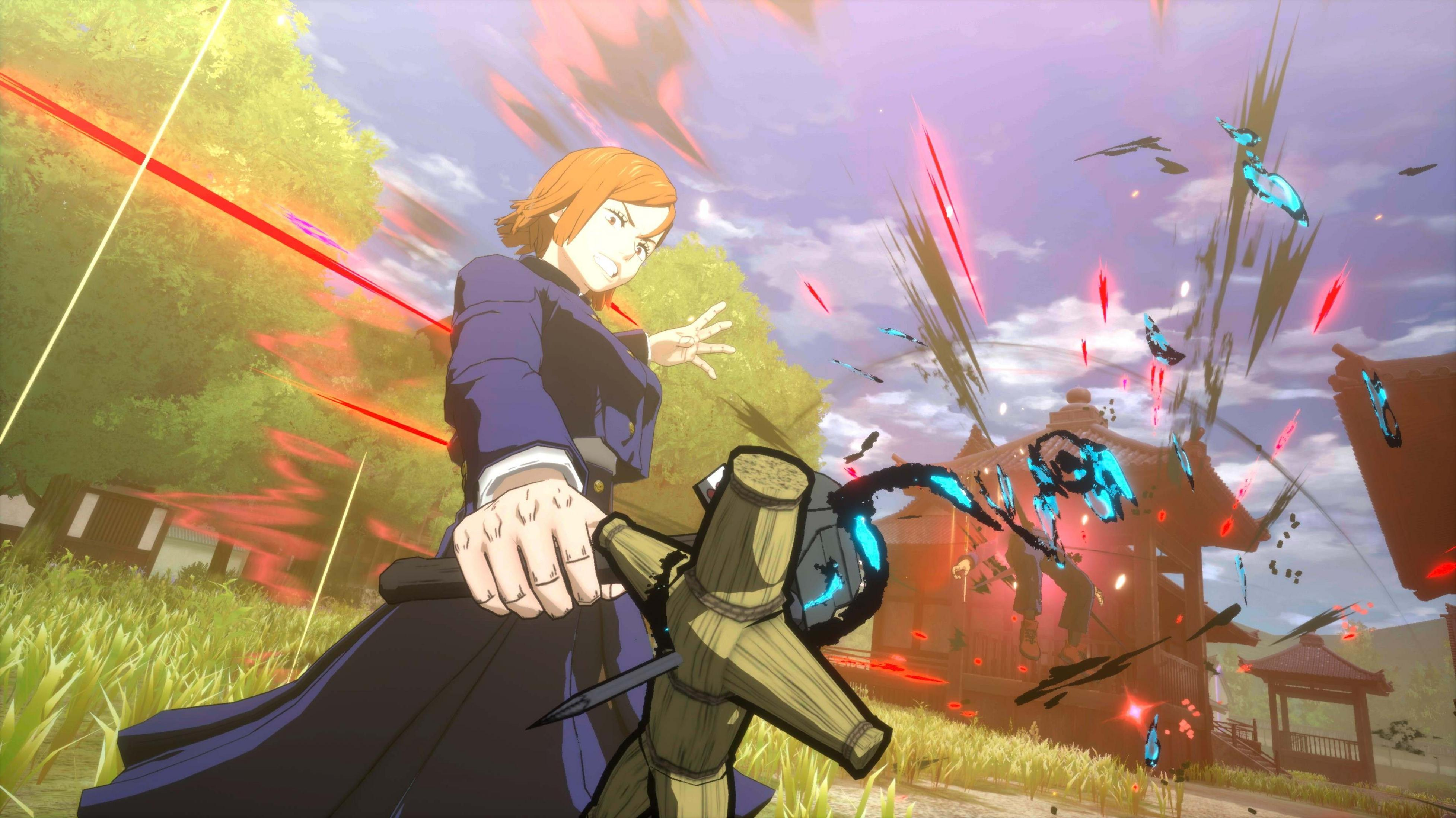 Eine Frau mit orangenem Haar in blauer Uniform hält einen Hammer. Rote und blaue Energie fliegt.