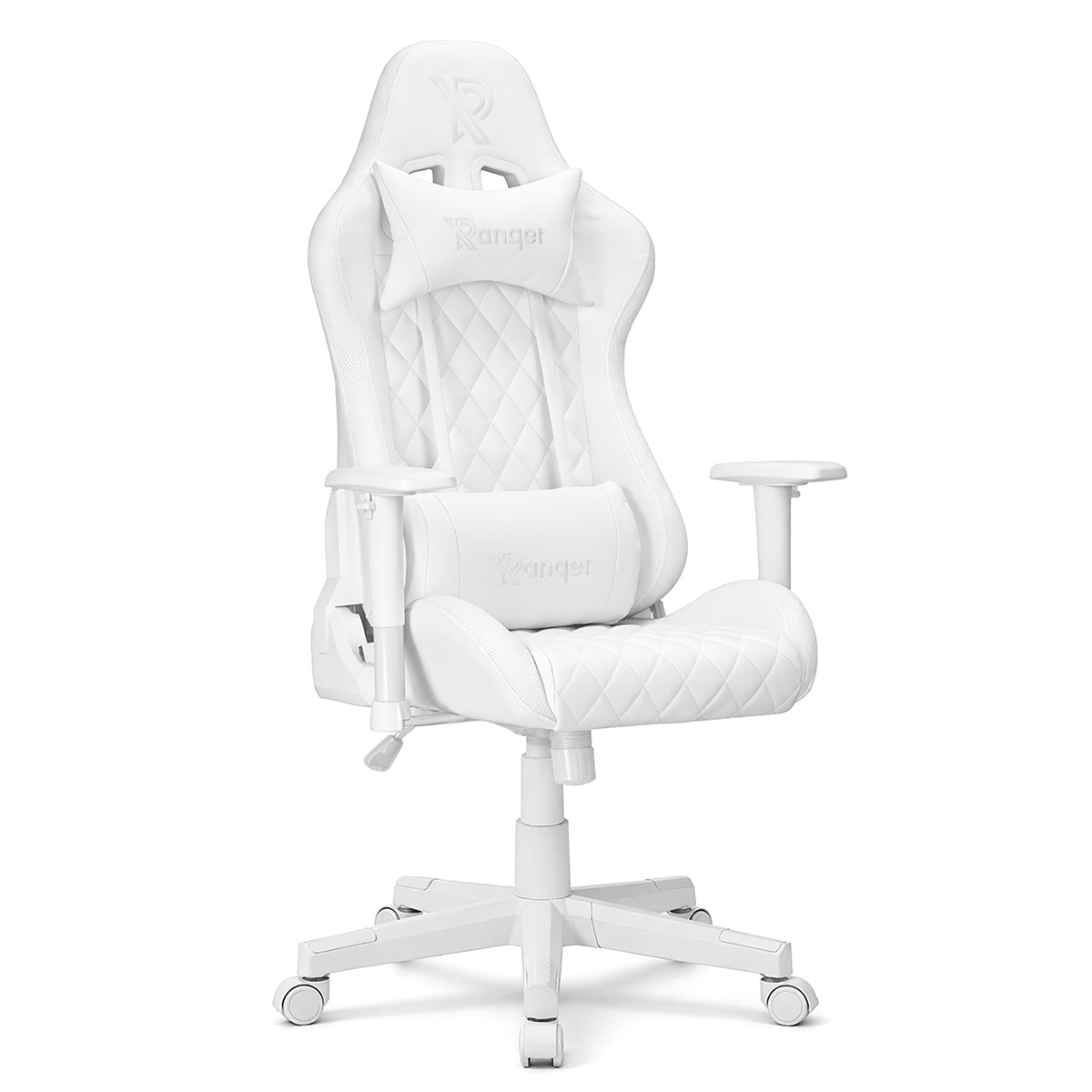 Un fauteuil gamer blanc avec coussins lombaire et appui-tête, sur roulettes.