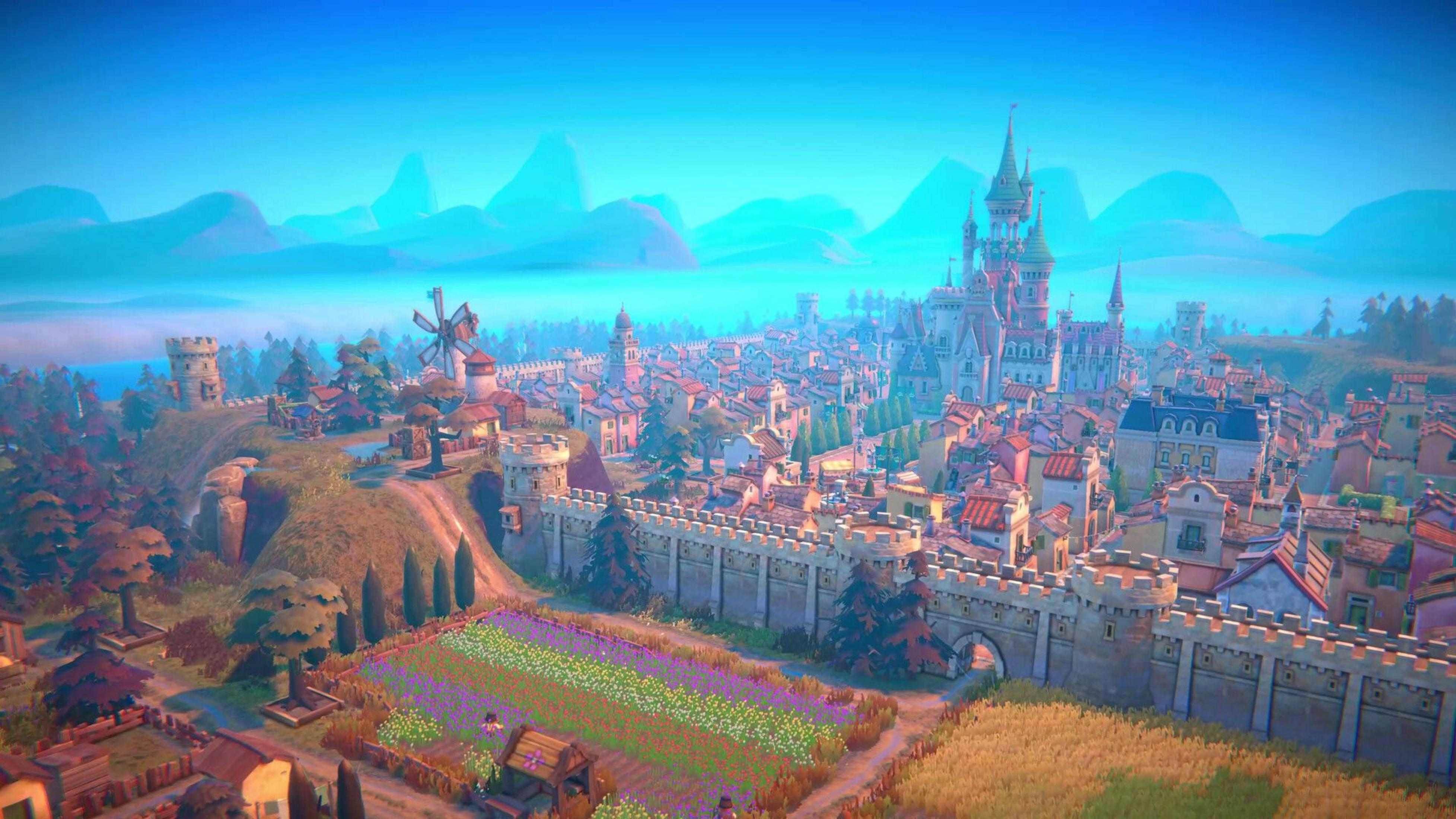 Eine bunte Stadt mit Burg, Feldern und Bergkulisse im Morgennebel.