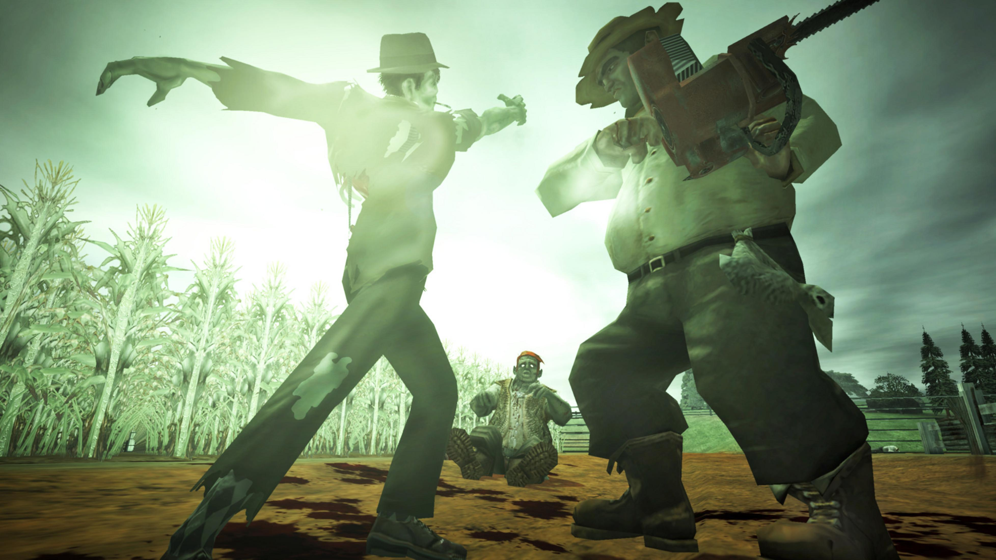 Dwa zombie walczą przed kukurydzianym polem, jeden z piłą łańcuchową.