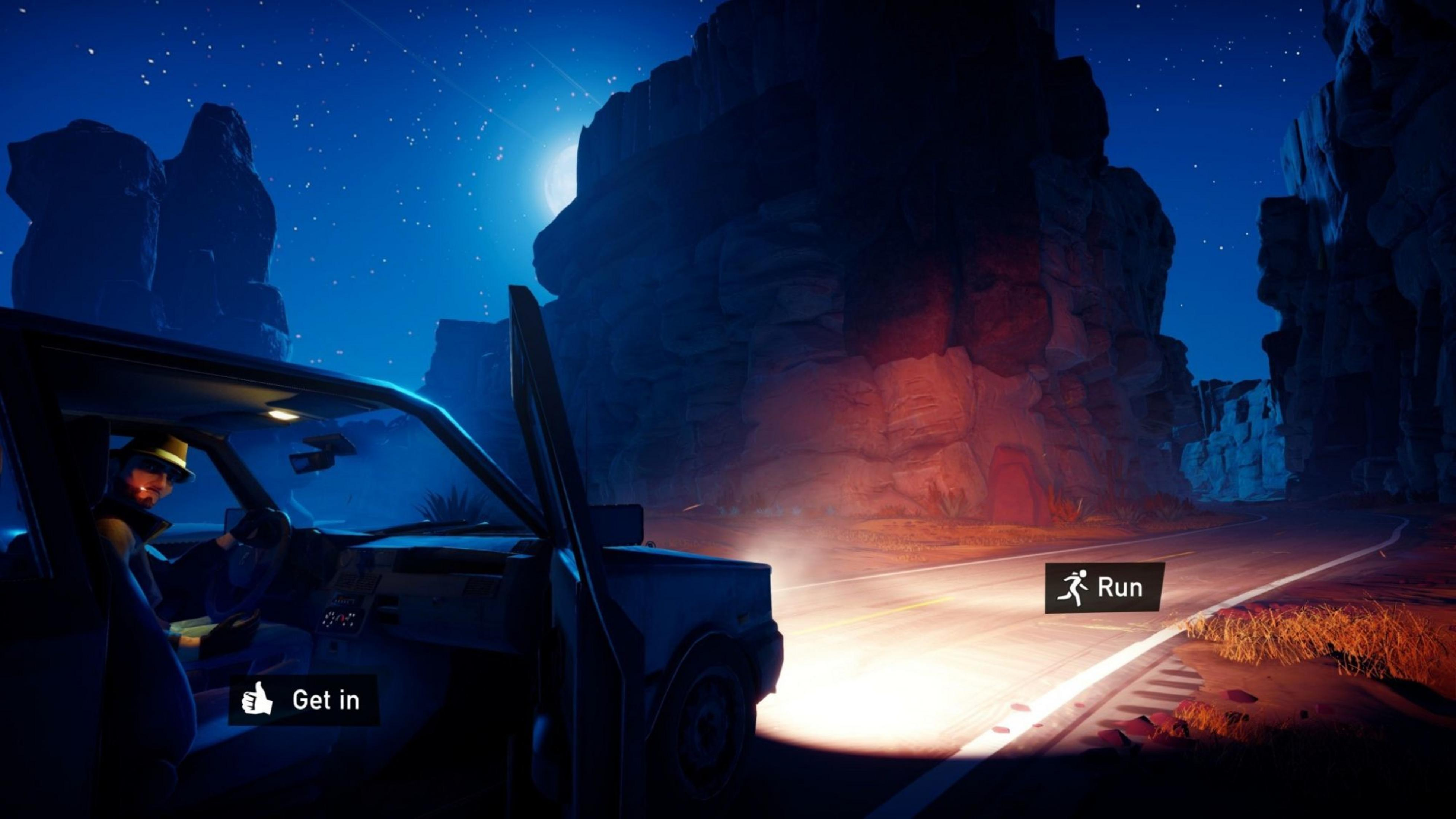 Mann im Auto bei Nacht auf einer Straße mit Felsen und Mond.