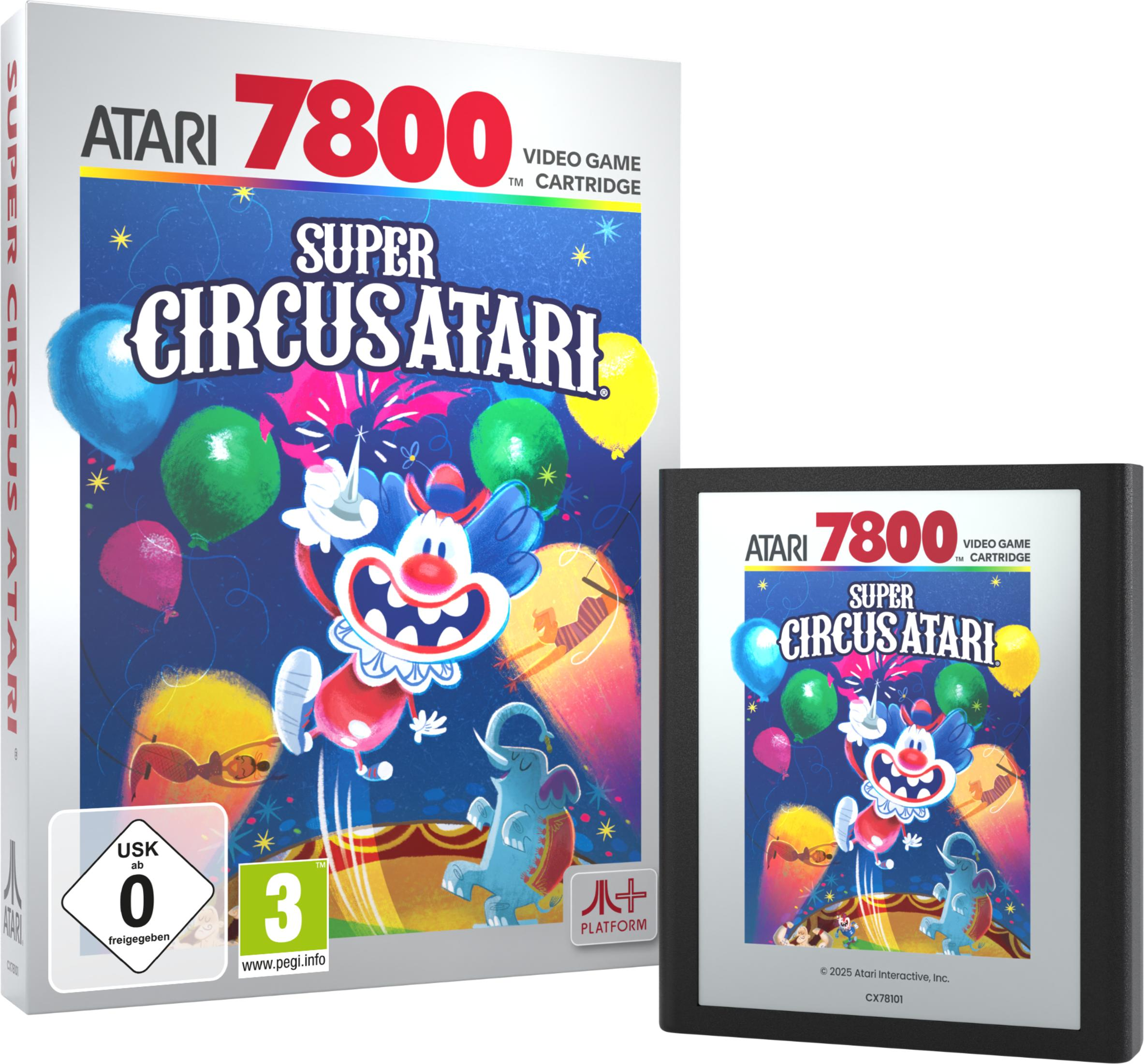 Confezione gioco Atari 7800 a tema circense e cartuccia.