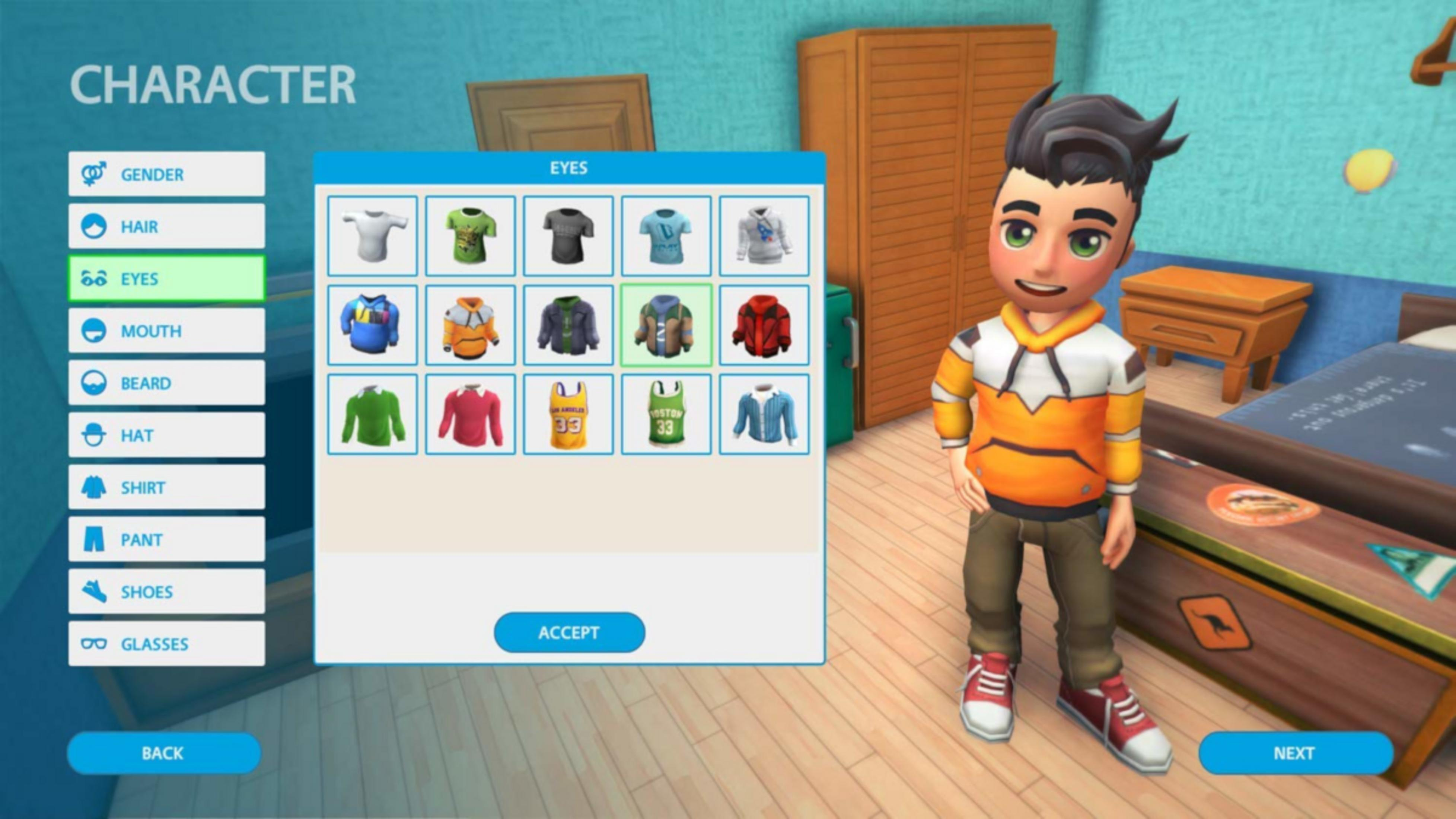 Editor de personajes con un chico, opciones de ropa y selecciones de ojos, boca y atuendos.