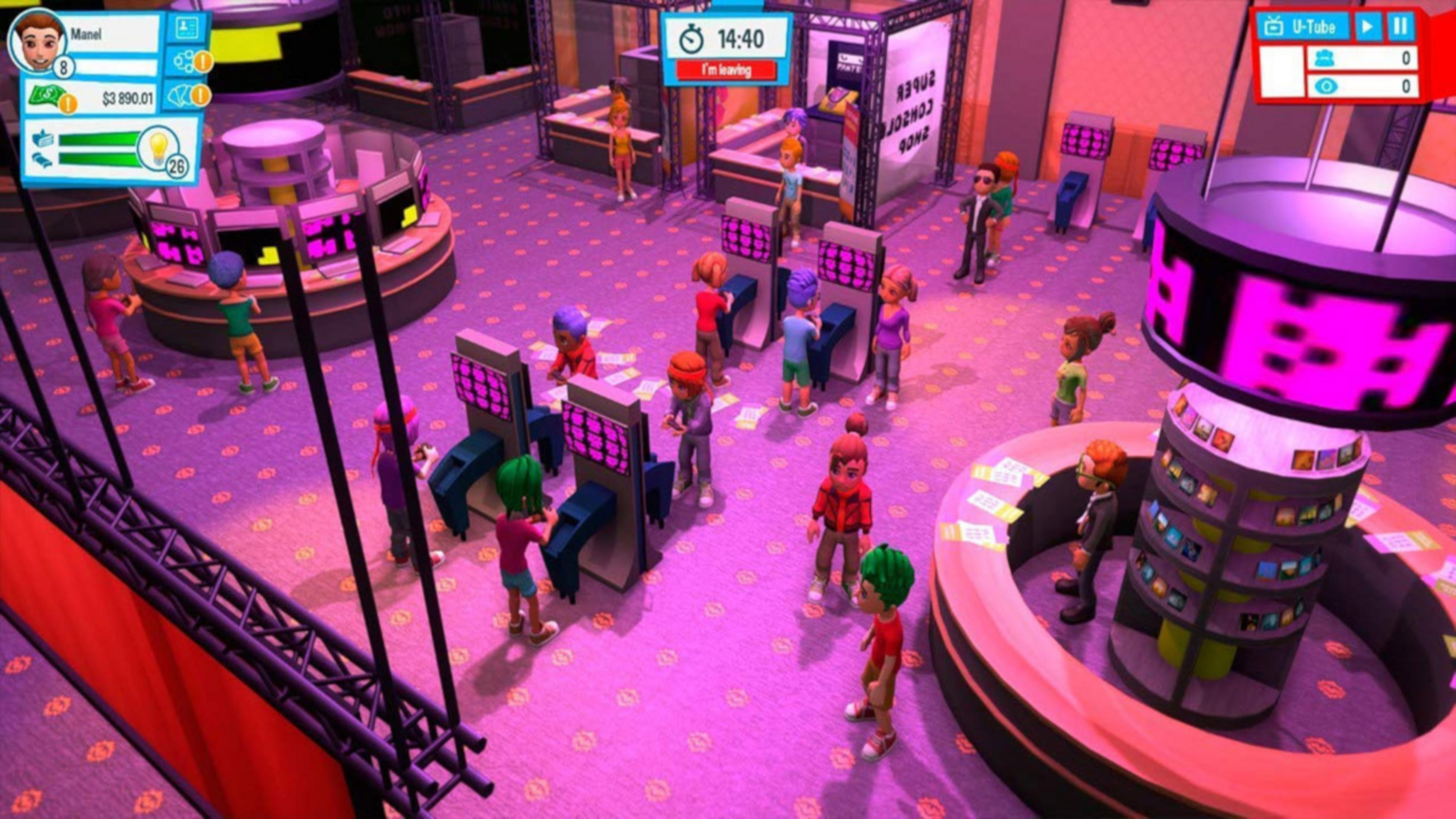 Gente jugando videojuegos en una sala de juegos iluminada de púrpura.