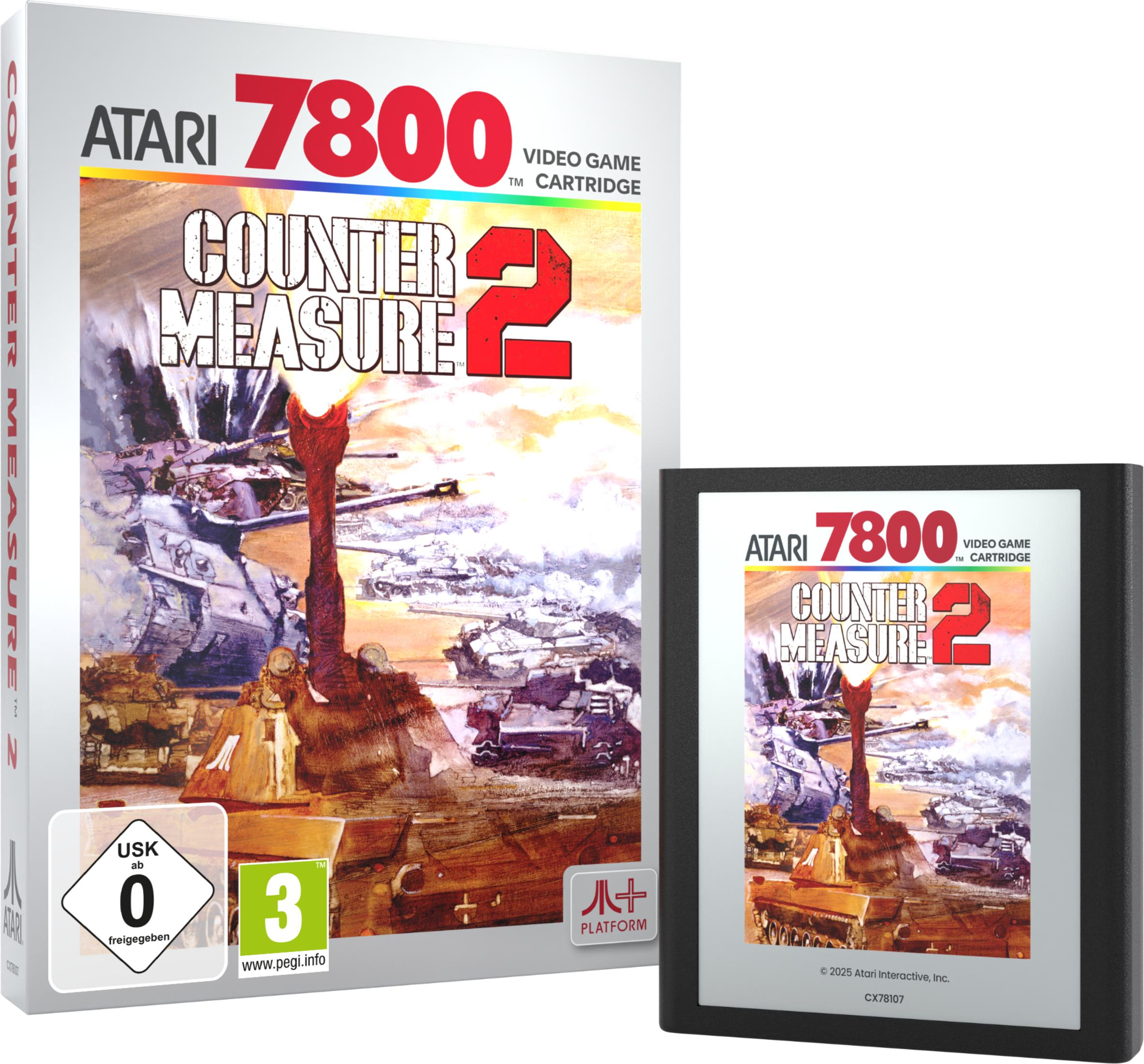 Pudełko i kartridż gry Atari 7800 "Counter Measure 2" z czołgami w walce.