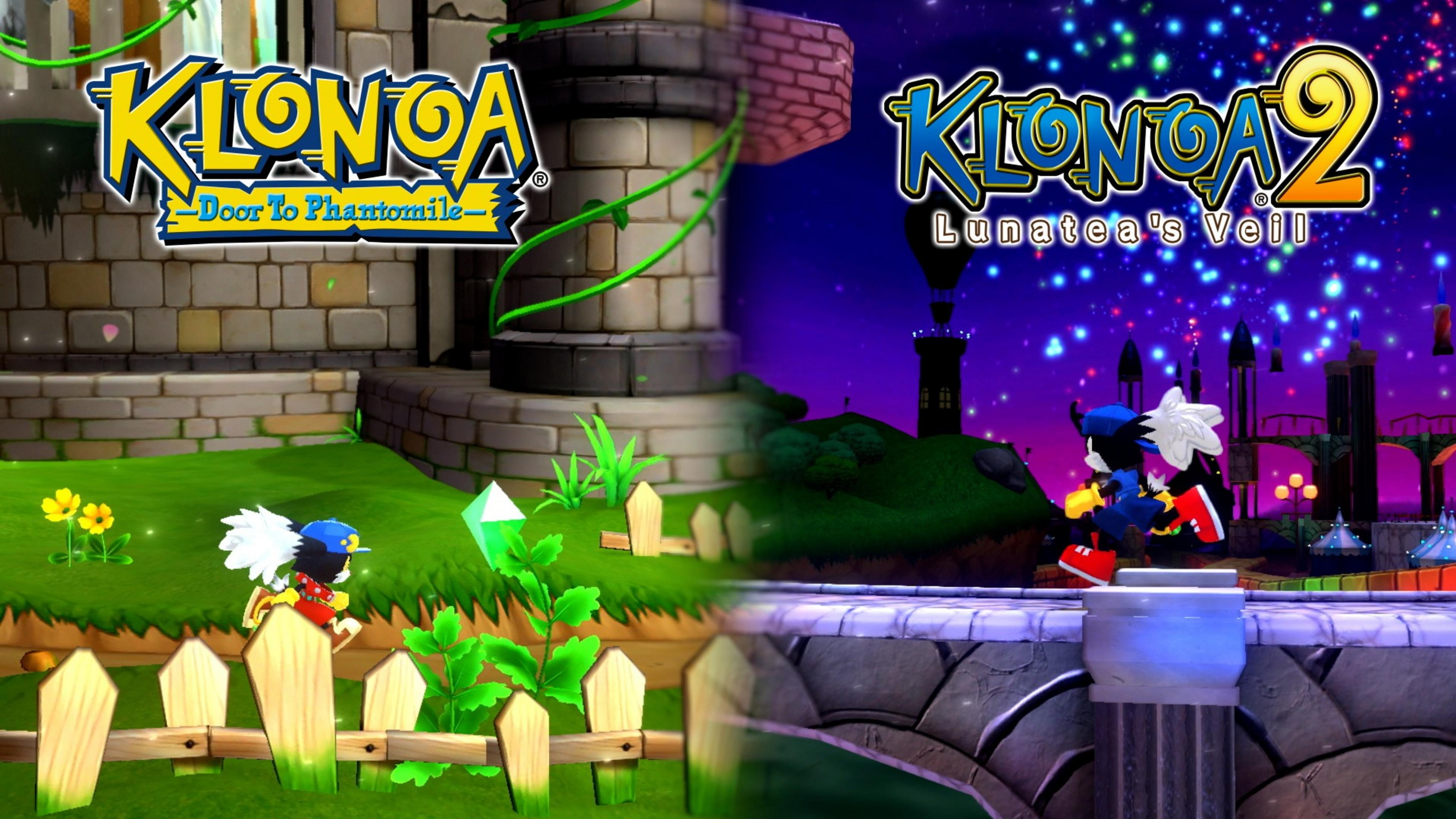 Klonoa 1 und 2: Charaktere laufen auf bunten Welten mit Türmen und Sternenhimmel.