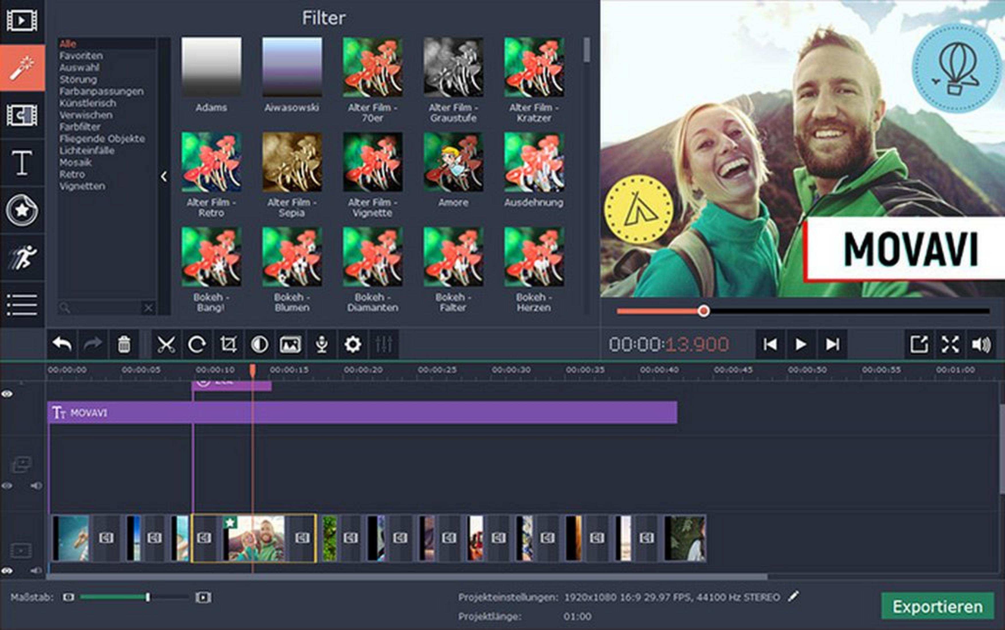 Videobearbeitungssoftware mit Filtern und Zeitleiste. Ein Paar lacht.