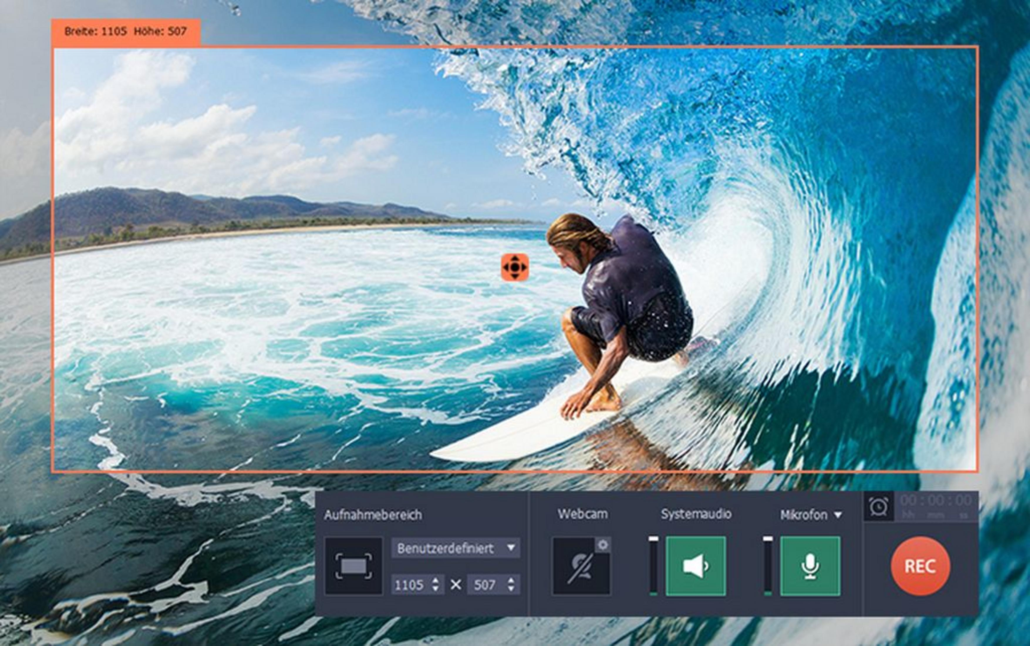 Surfer reitet eine Welle, mit Aufnahmekontrollen am unteren Rand.