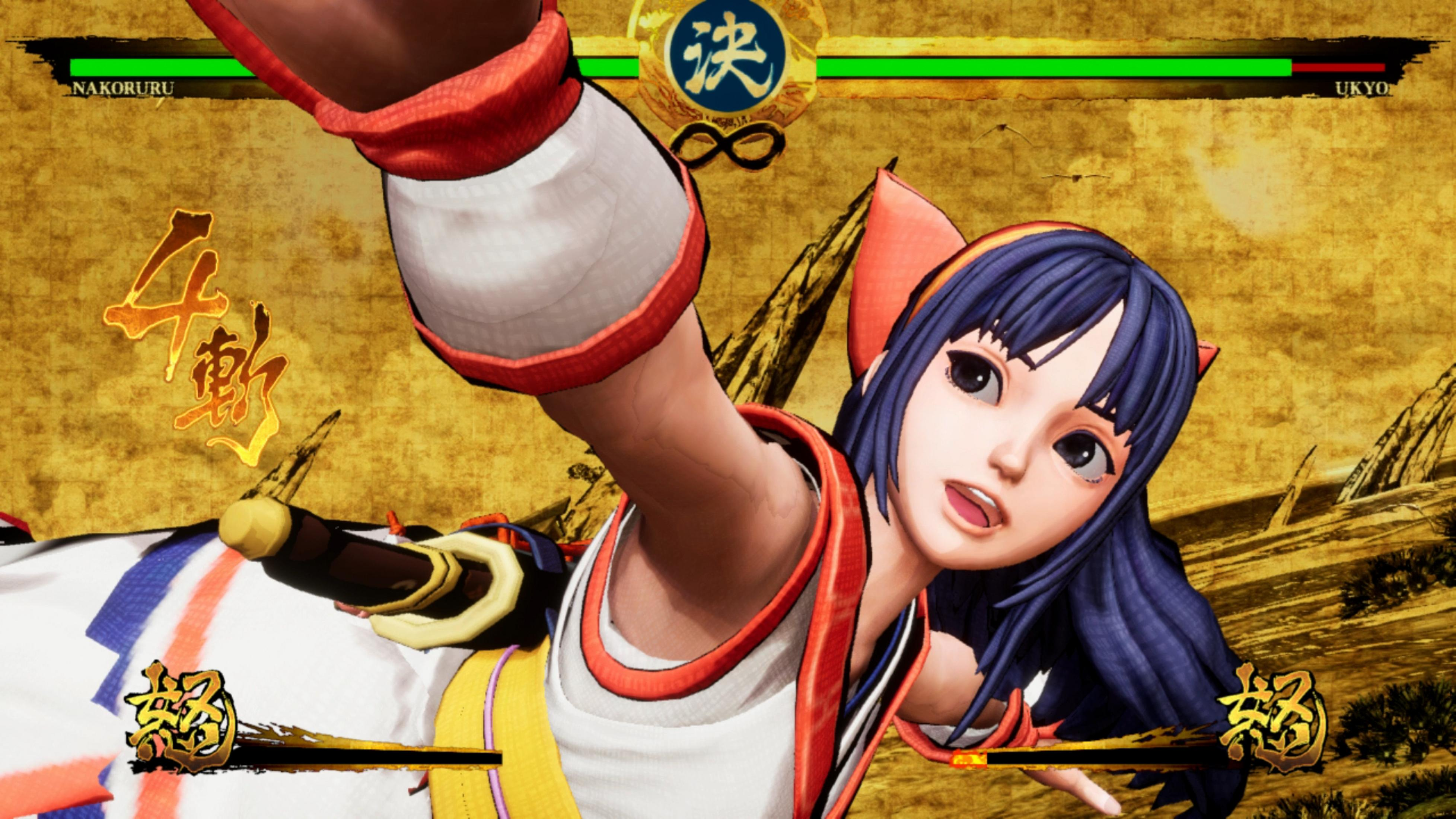 Nakoruru in einem Kampfspiel, mit blauem Haar und rotem Outfit, greift an.
