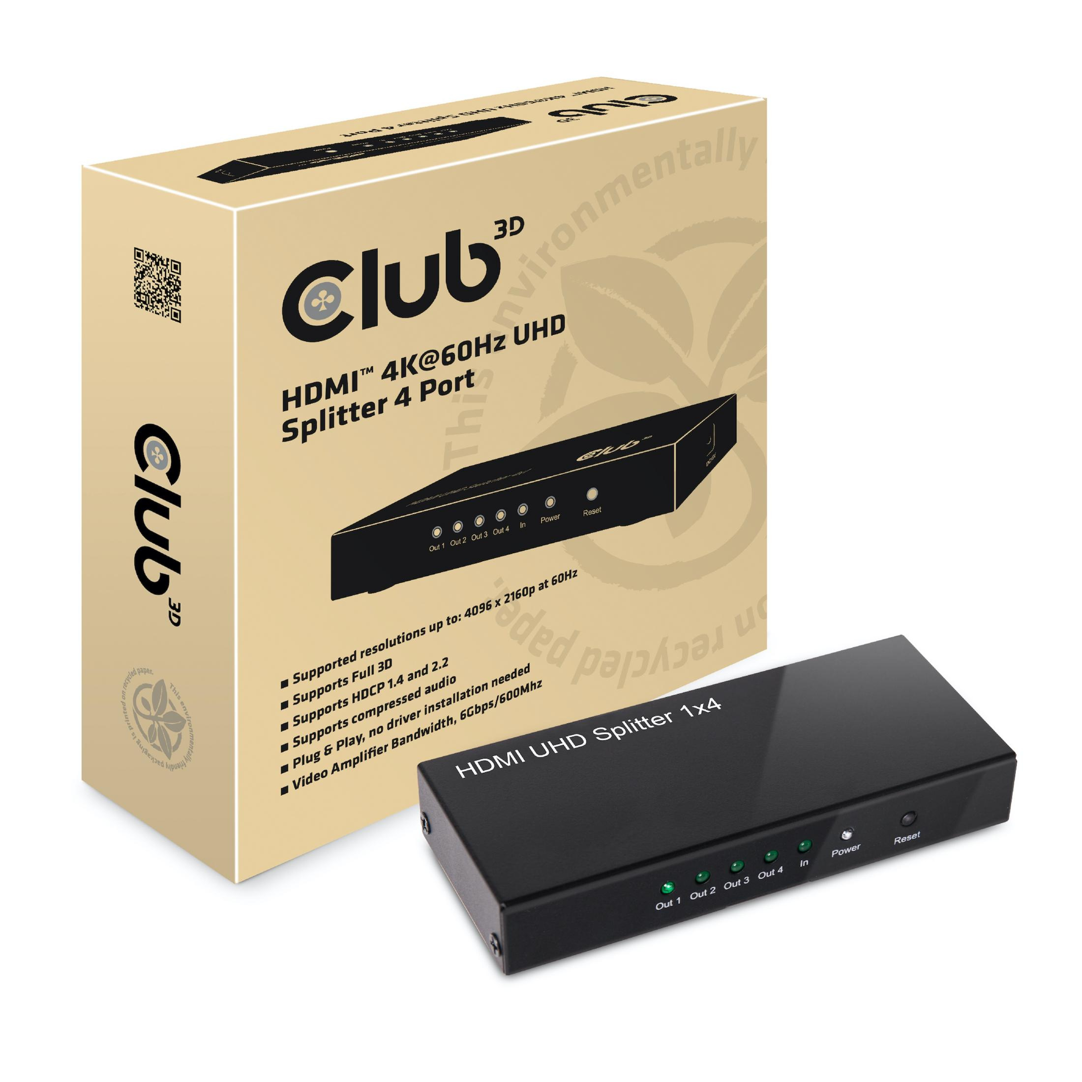 Caja y dispositivo Club 3D HDMI 4K UHD de 4 puertos con LEDs verdes sobre blanco.