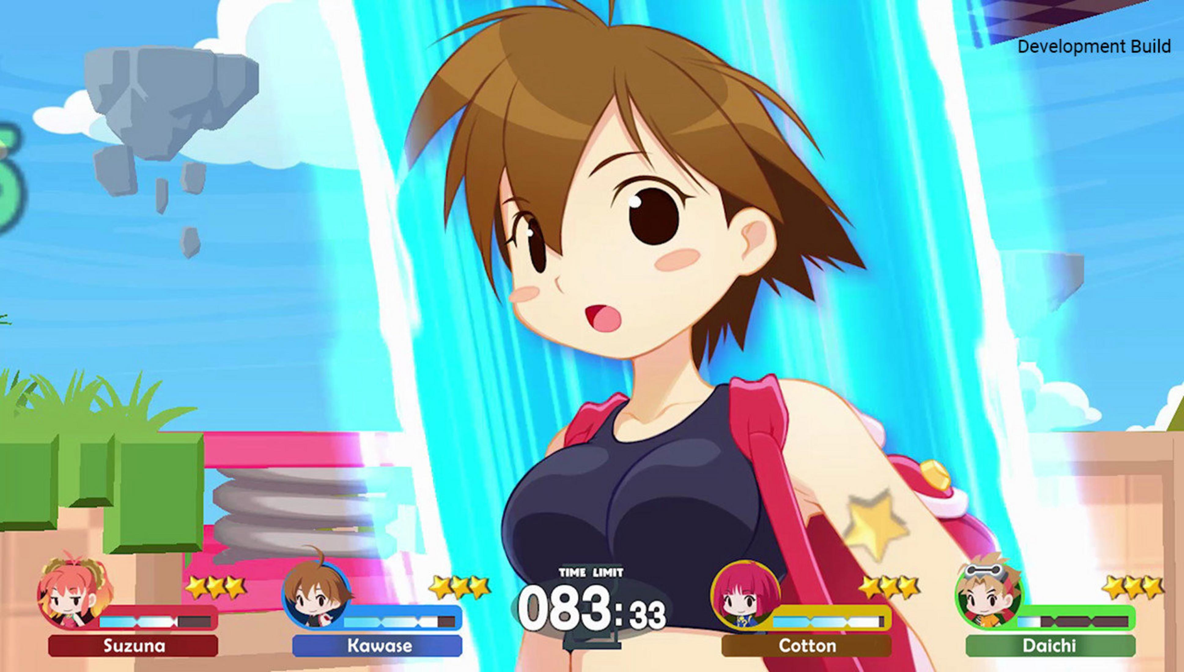 Anime-Spielcharaktere stehen vor einem Wasserfall. Zeitlimit 08:33.
