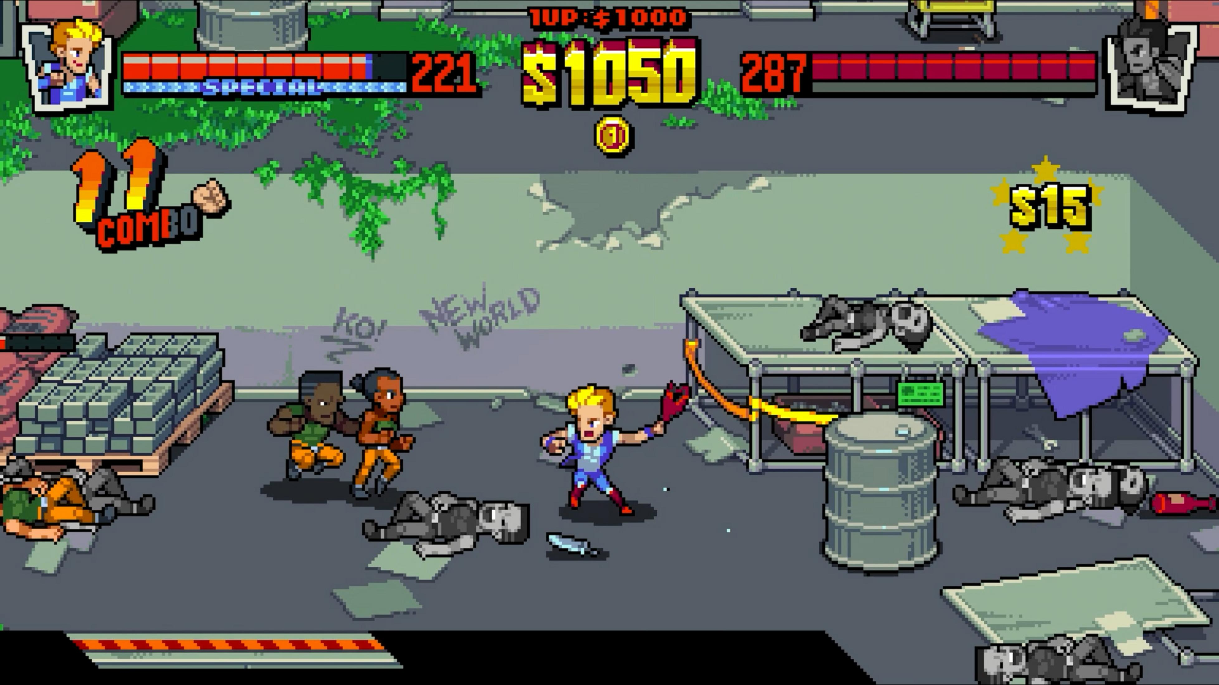 Pixel-Kampfszene: Blondhaariger Held kämpft gegen Feinde in einer Gasse.