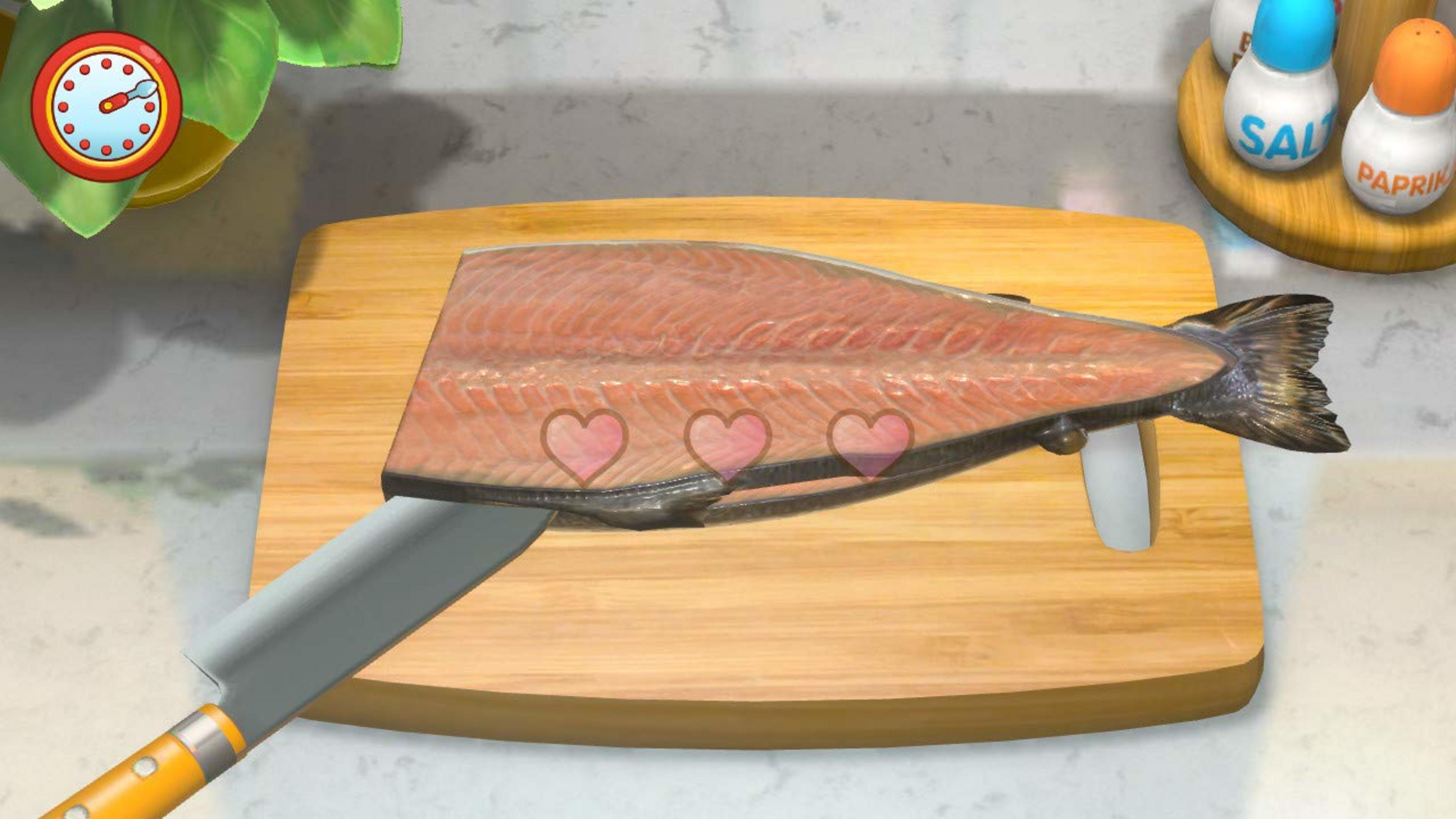 Surowy filet łososia leży na drewnianej desce do krojenia z nożem obok.