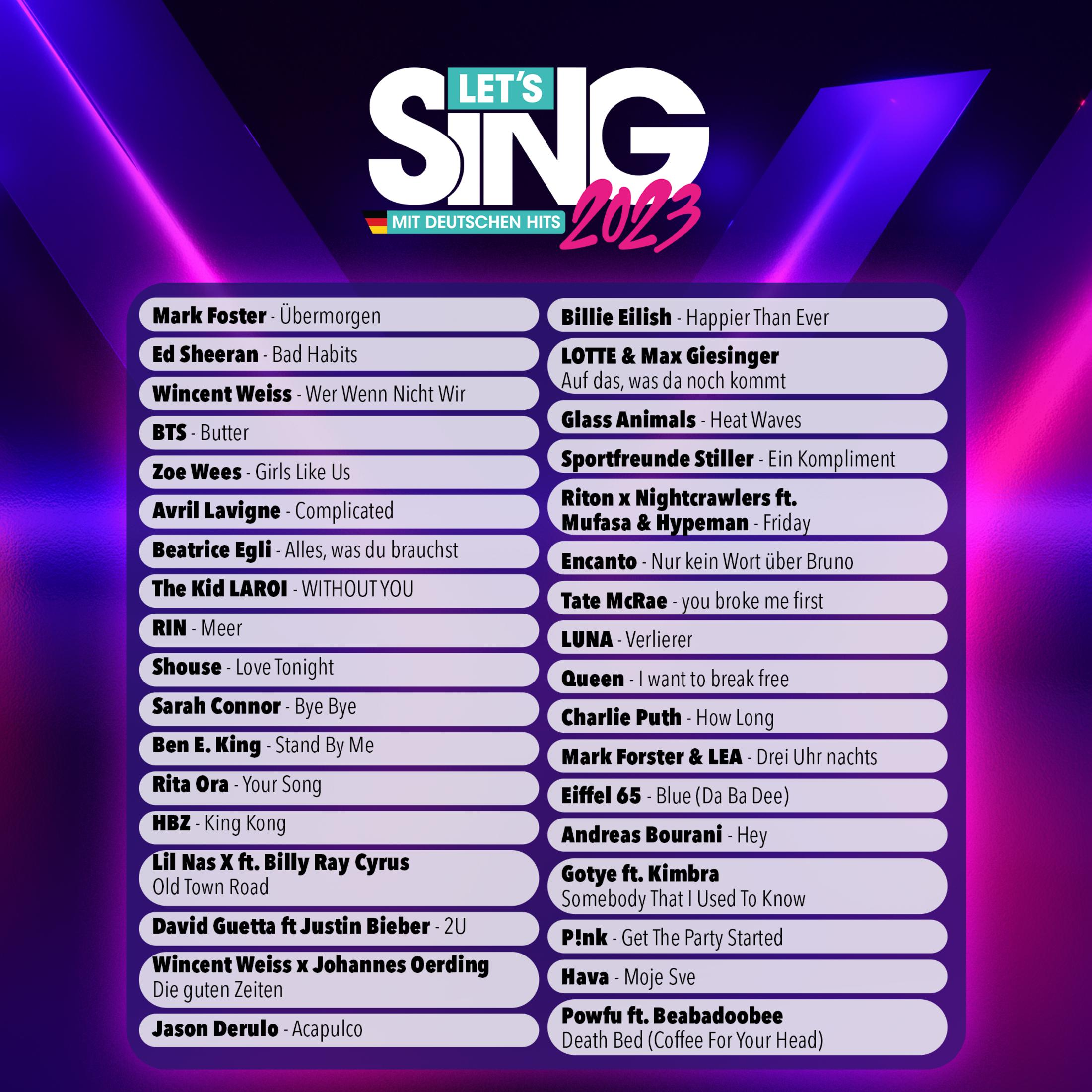 Cover von 'Let's Sing 2023' mit Songtiteln und Künstlernamen, lila-blauer Hintergrund.