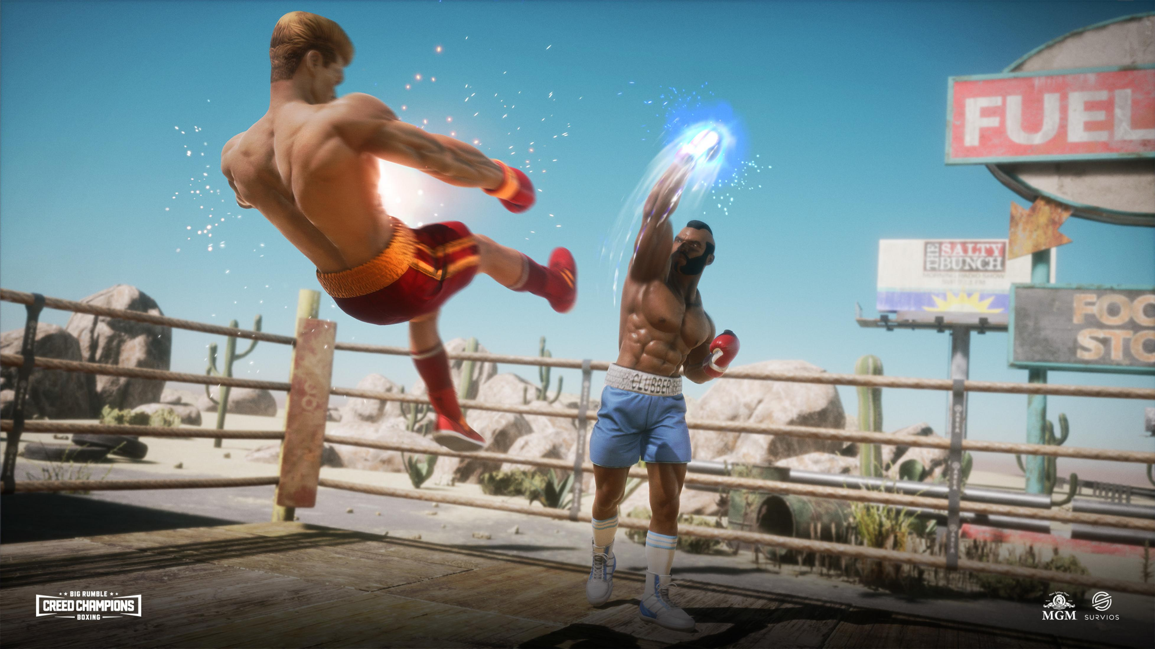 Zwei Boxer im Wüstenring. Einer tritt nach oben, der andere schlägt mit blauer Energie.