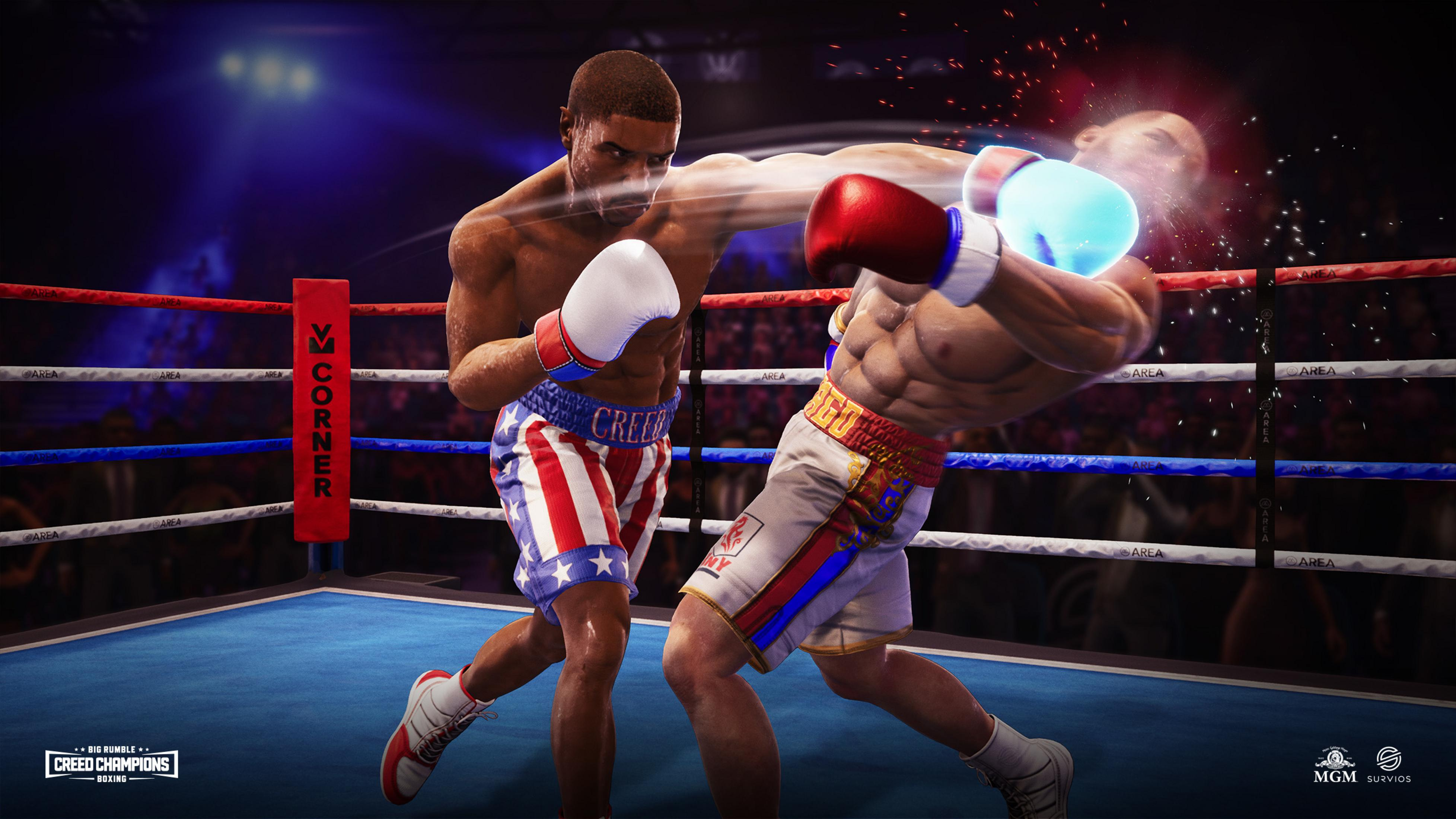 Zwei Boxer im Ring, einer schlägt den anderen mit einem blauen Handschuh.