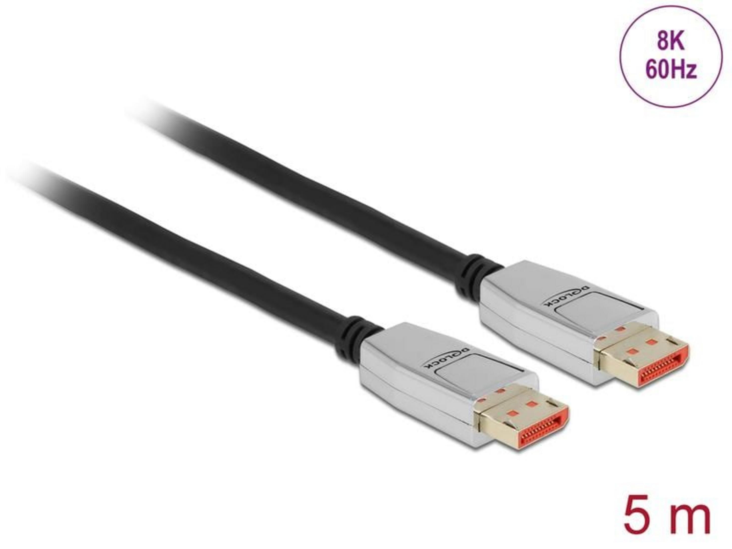 Ein schwarzes Kabel mit zwei DisplayPort-Anschlüssen, 8K 60Hz, 5m.