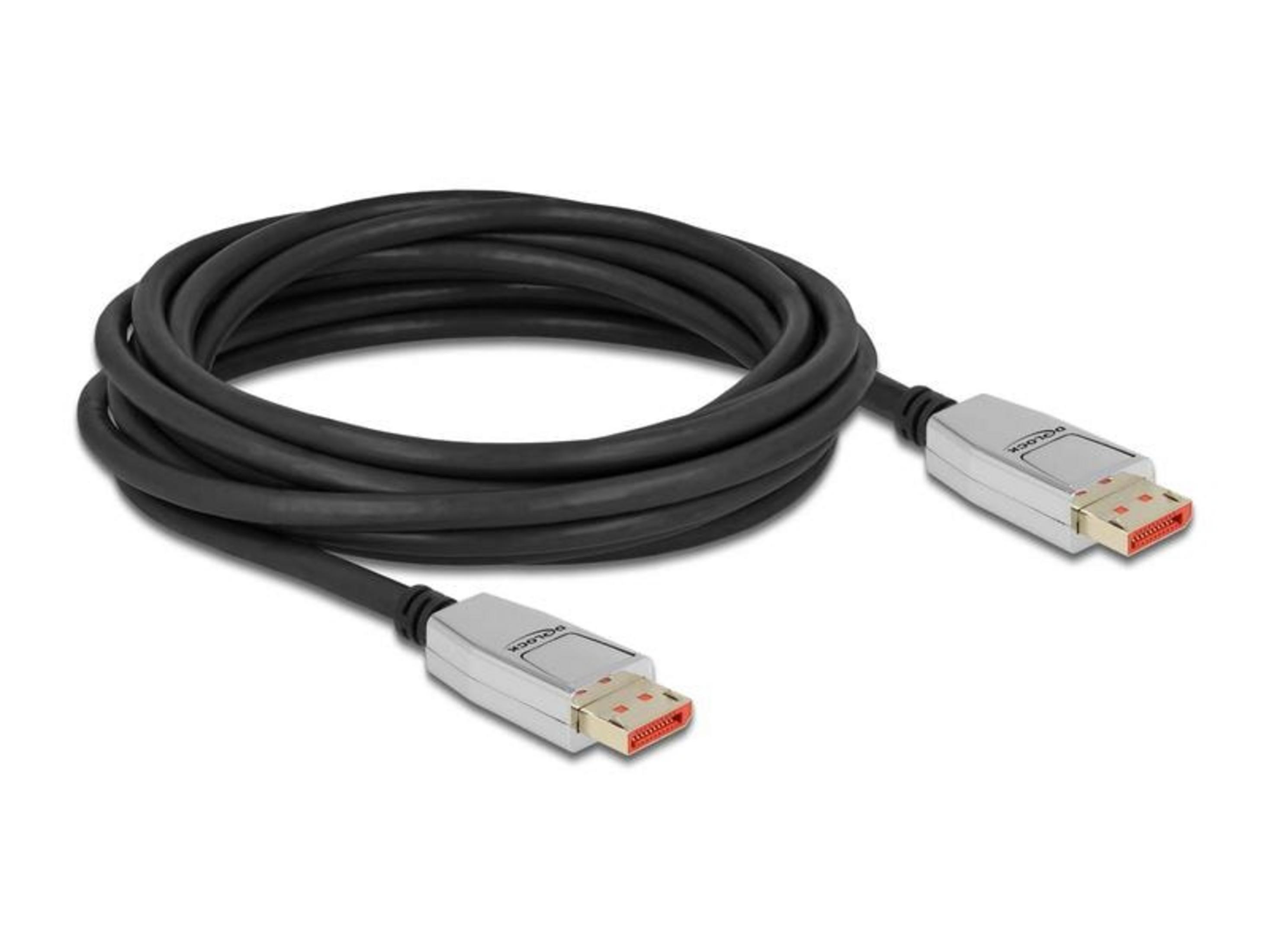 Schwarzes DisplayPort-Kabel mit silbernen Steckern und roten Akzenten.
