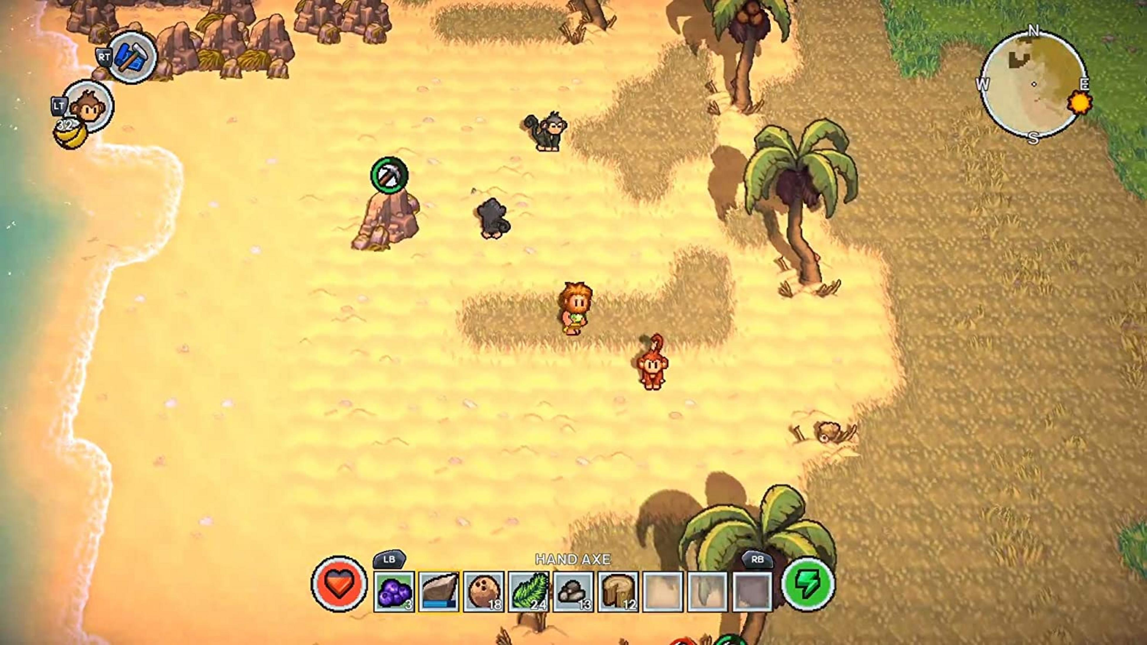 Pixel-Art-Spielszene: Strand, Palmen, Affen und Charaktere.