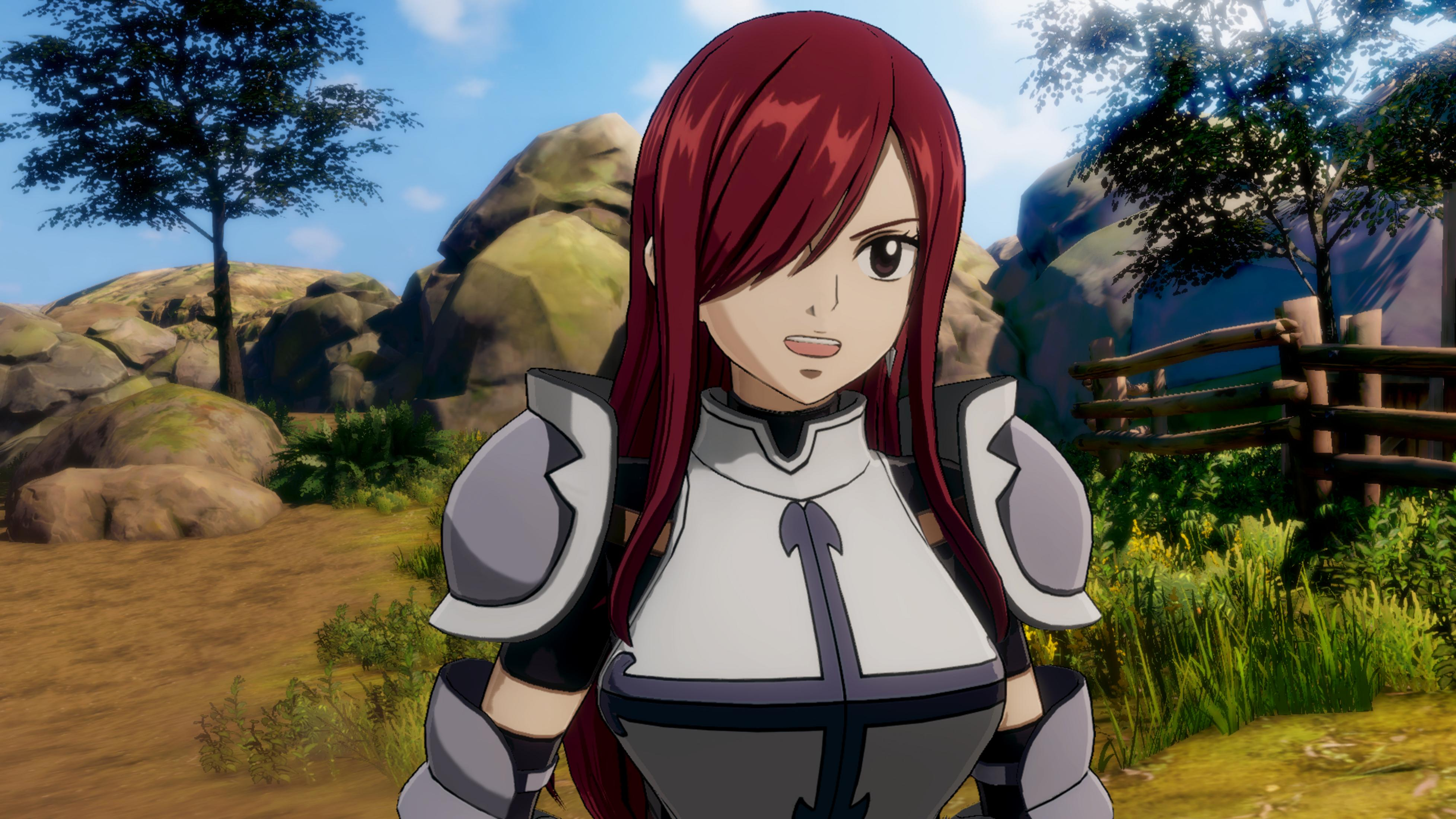 Anime-Figur mit roten Haaren in Rüstung steht in einer felsigen Landschaft.