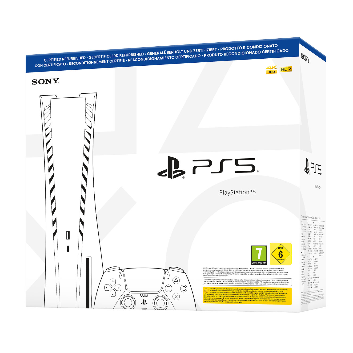 Sony PlayStation 5, biały, z kontrolerem i oznaczeniami 4K, 120Hz, HDR.