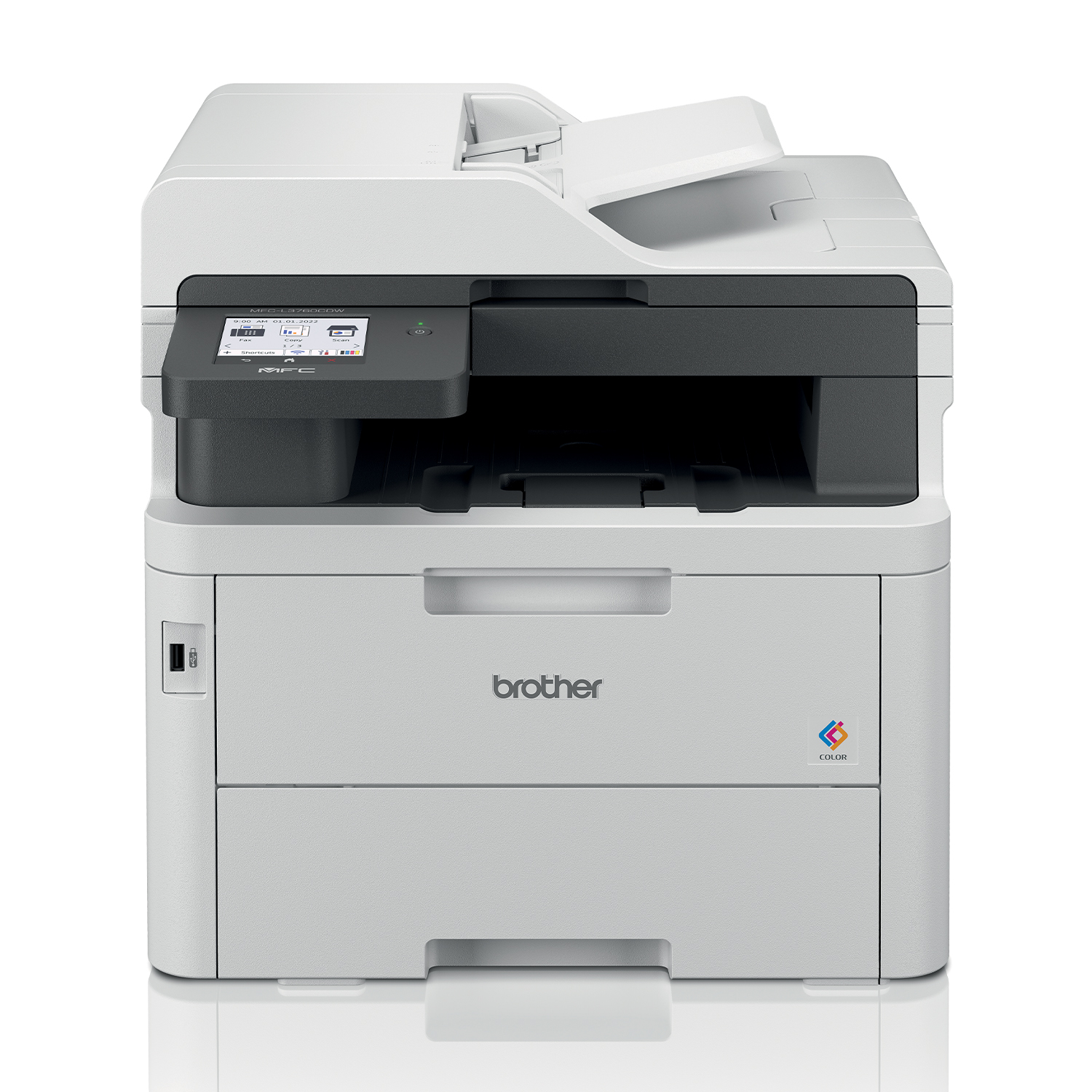 Ein weißer und grauer Brother Multifunktionsdrucker steht auf einem weißen Hintergrund.