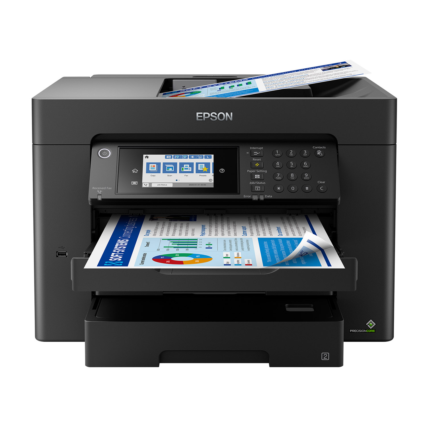 Ein schwarzer Epson Drucker mit einem Bedienfeld und Papierausgabe.