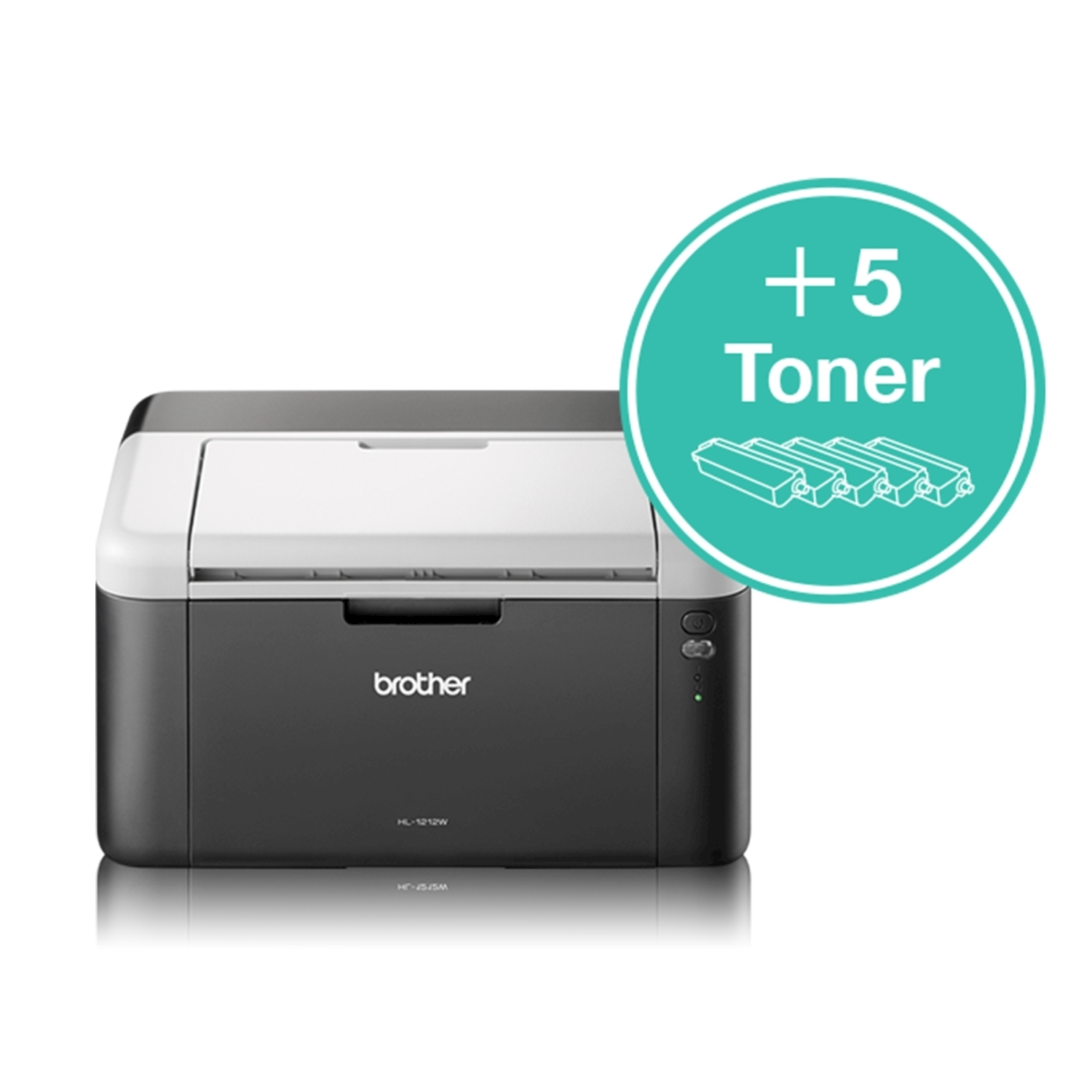 Ein schwarzer Brother HL-1212W Drucker mit einem Kreis, der +5 Toner anzeigt.