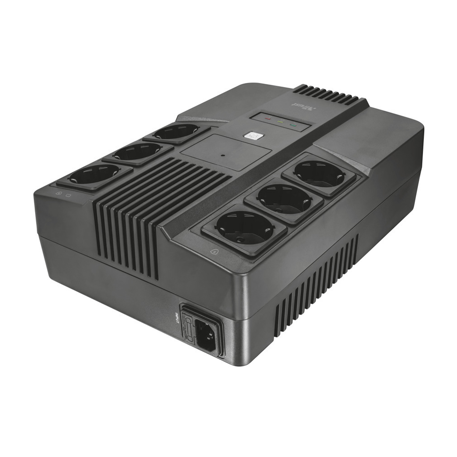 Black surge protector with multiple outlets and indicator lights.