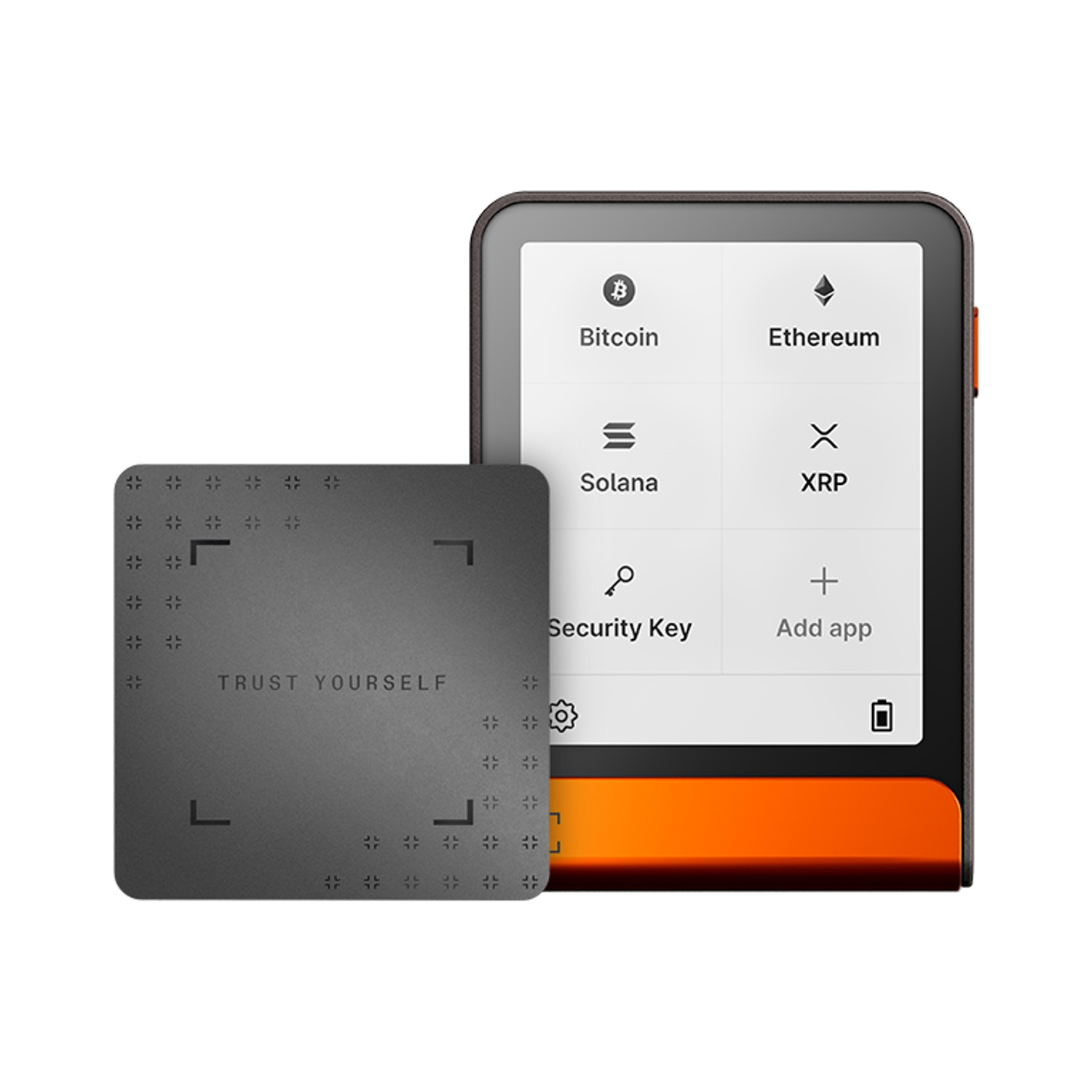 A gray crypto hardware wallet displaying Bitcoin, Ethereum, Solana, and XRP icons.