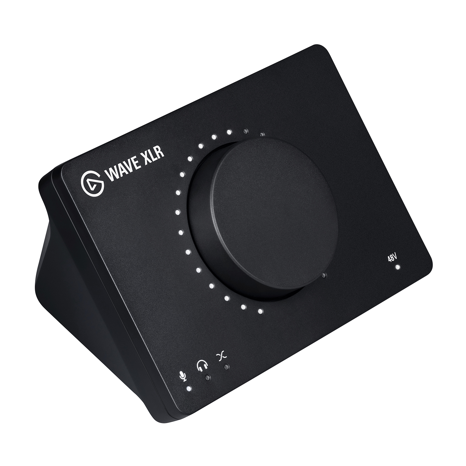 Interfaccia audio XLR nera con manopola grande e indicatori LED.