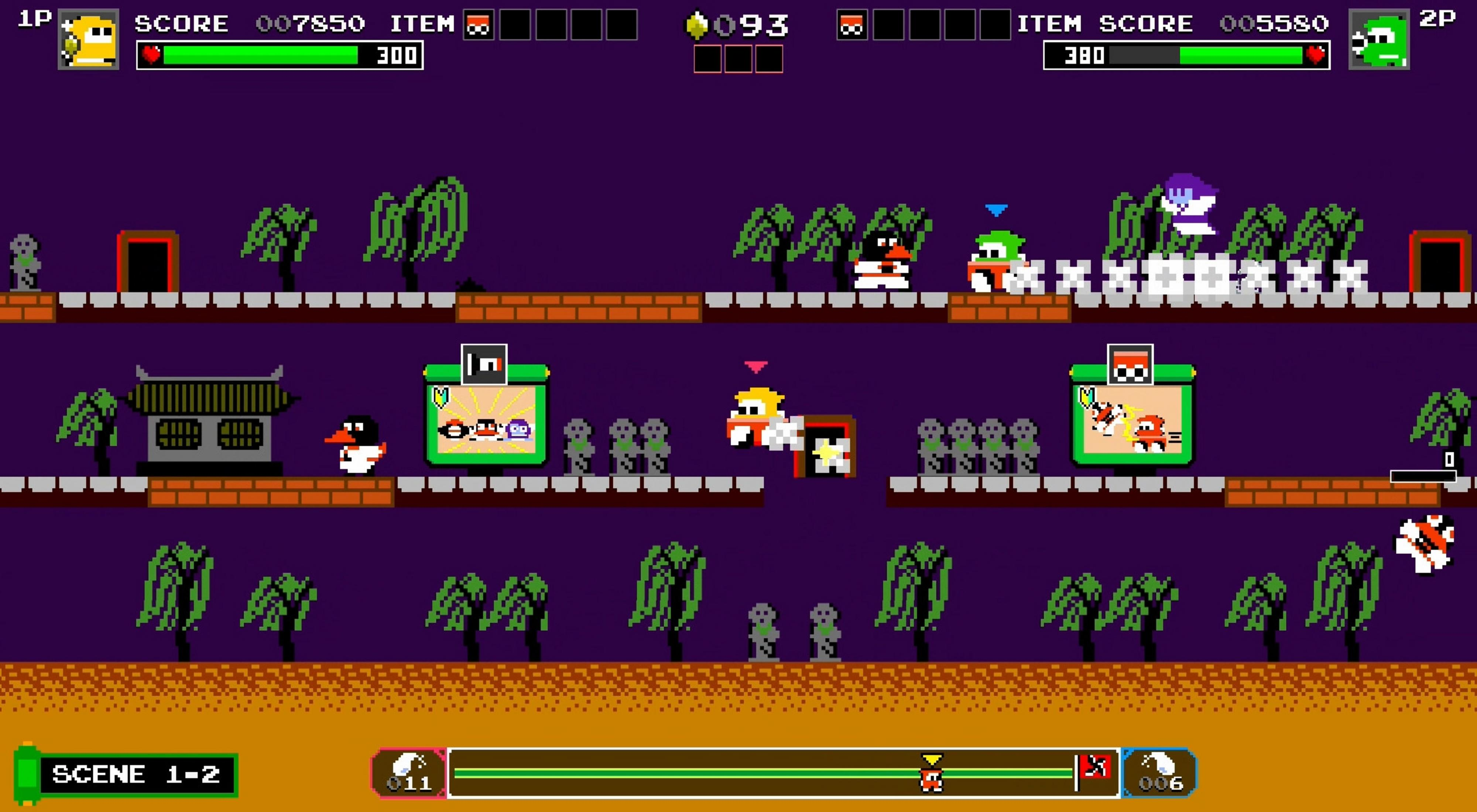 Pixel-Spiel mit Charakteren auf Ebenen, Bäumen und Gebäuden.