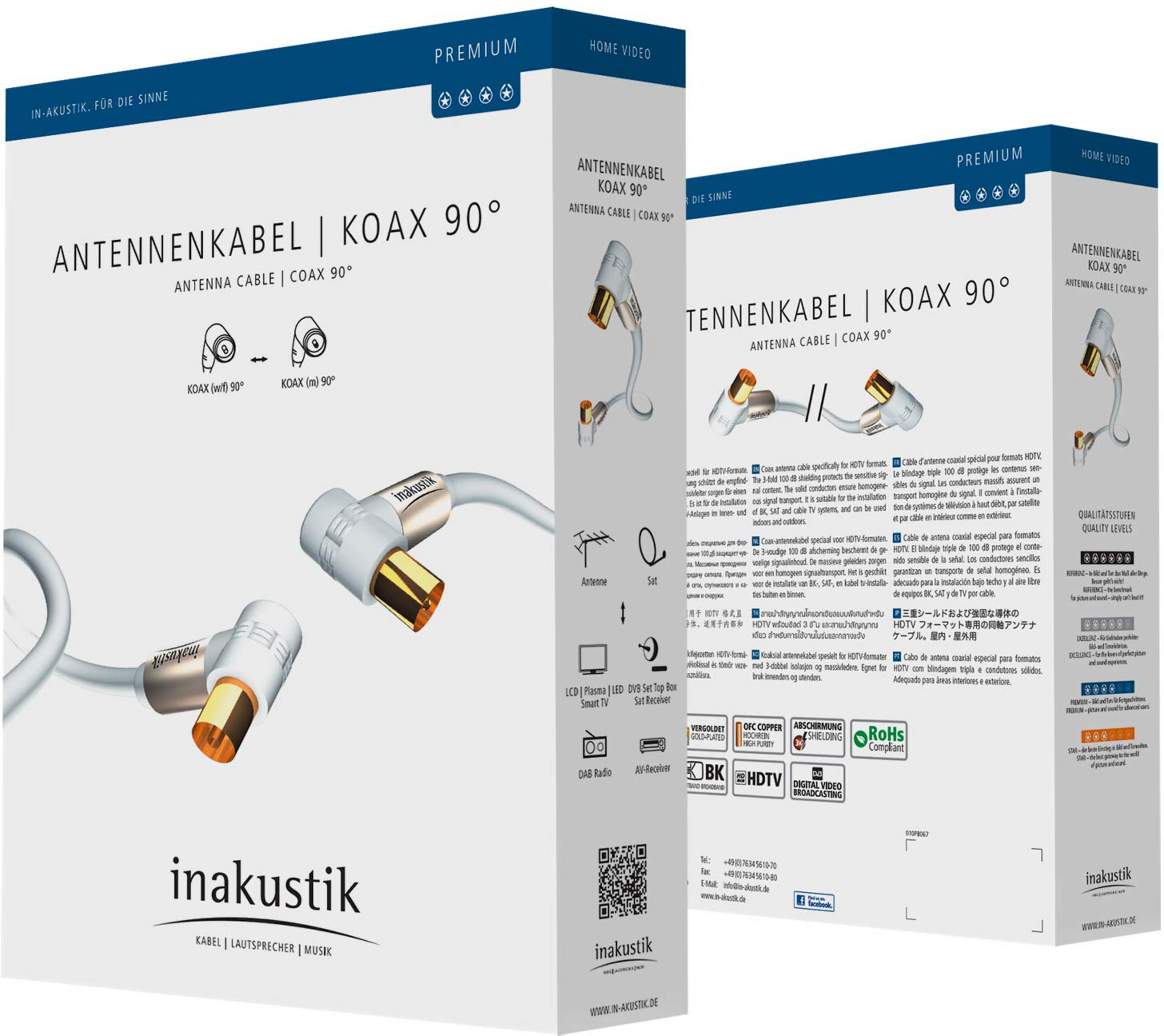 Confezione cavo antenna Inakustik Coax 90° con immagini di dettaglio.