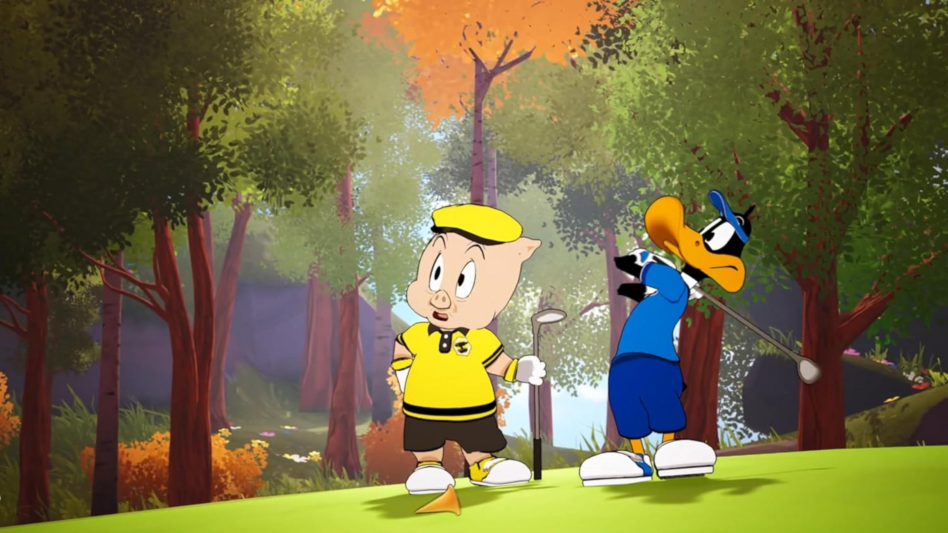 Maiale e anatra giocano a golf in una foresta.