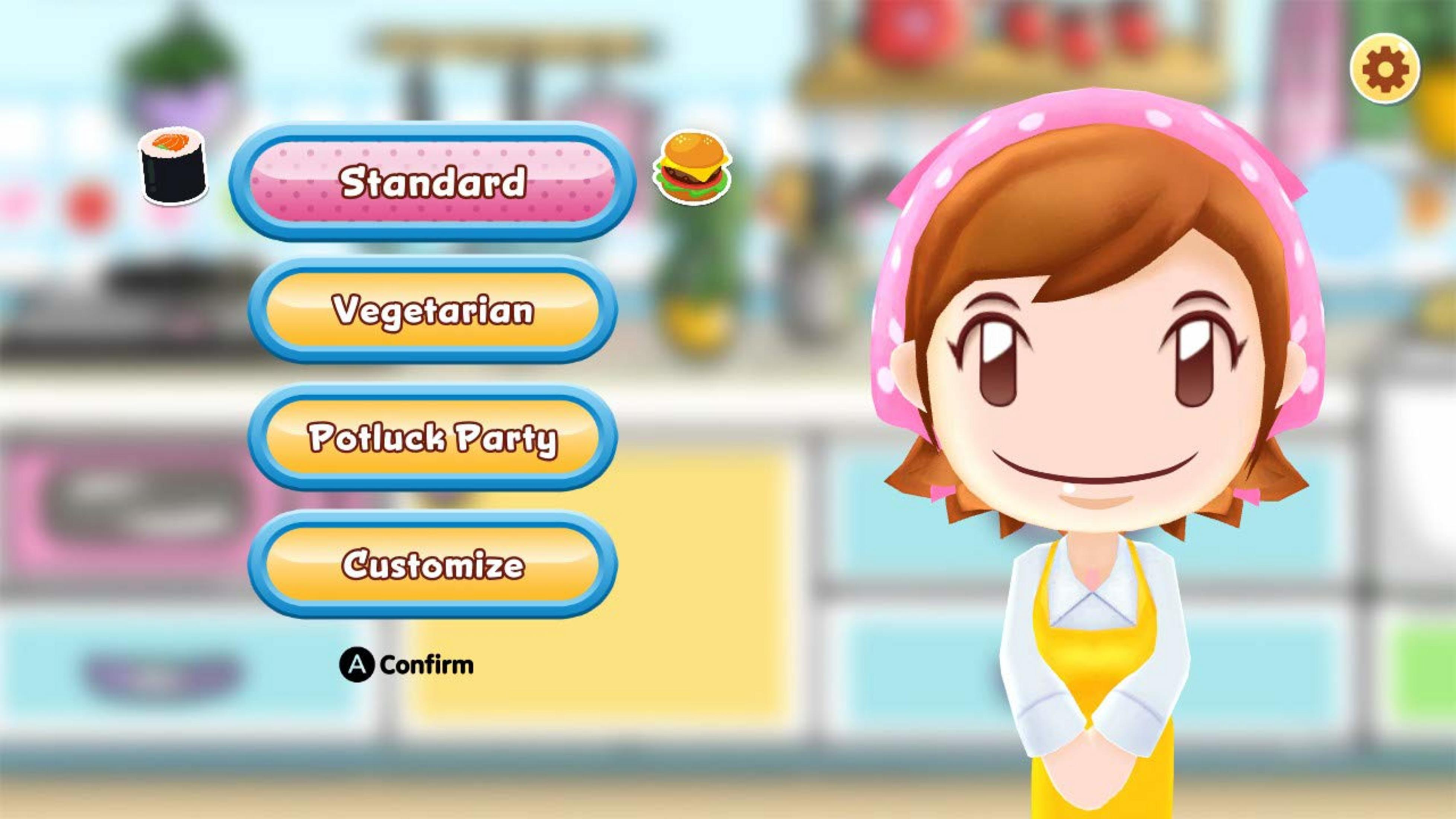 Mama-Kochspiel mit Optionen: Standard, Vegetarisch, Potluck, Anpassen.