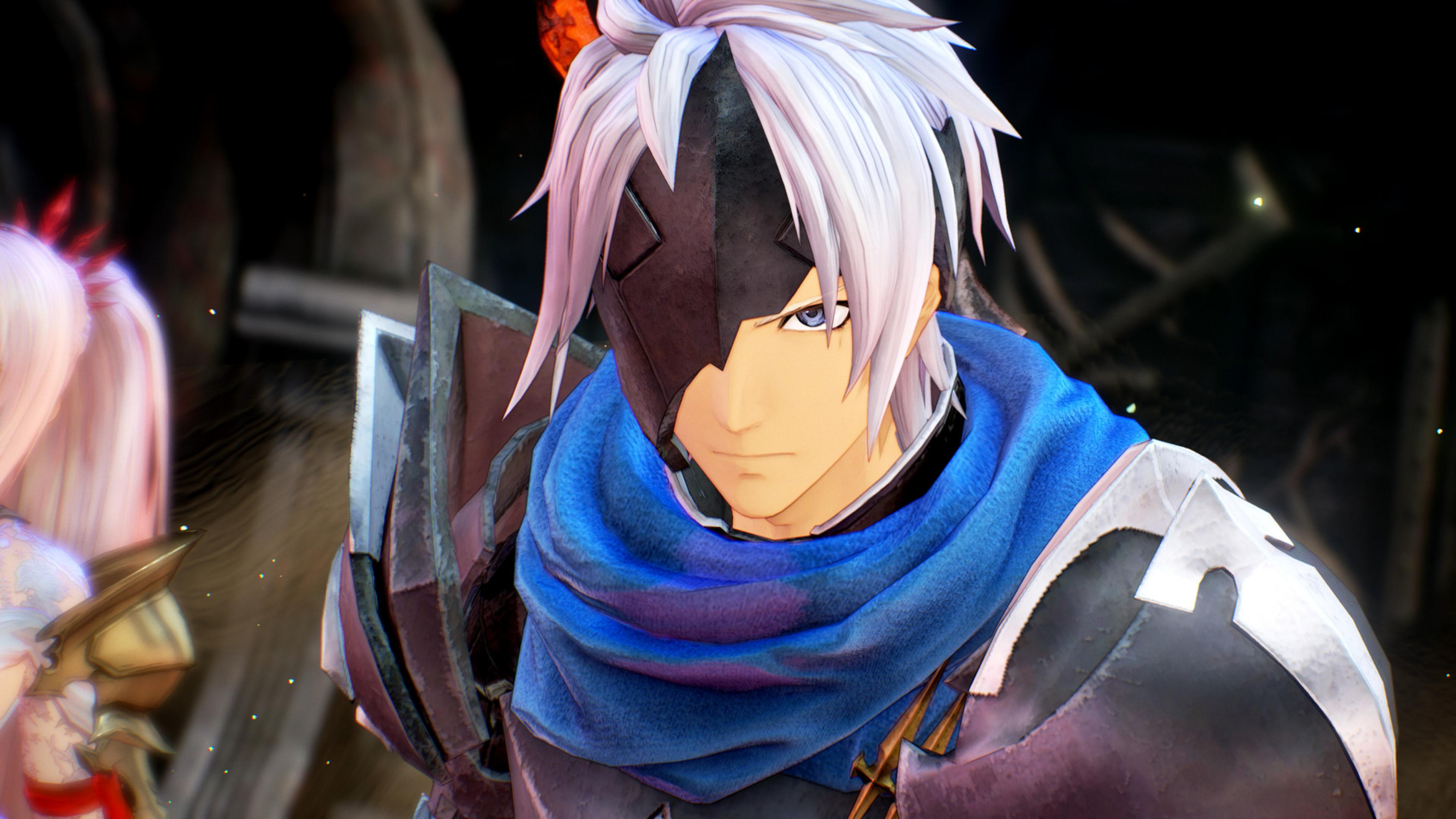 Anime-Charakter mit weißem Haar, Maske, blauem Schal und Rüstung.