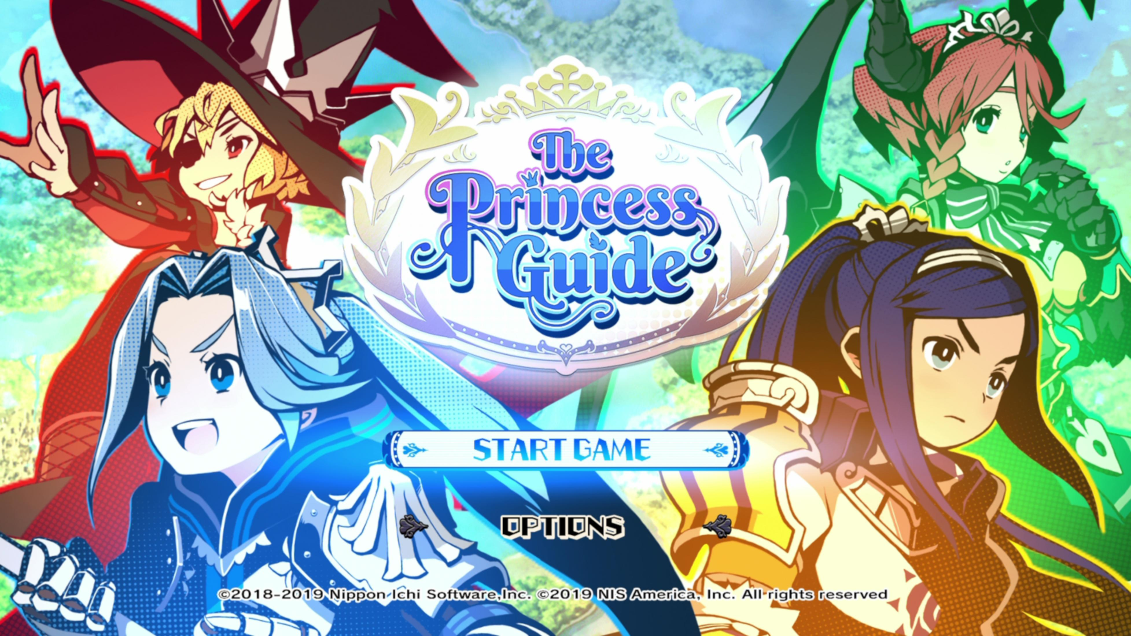 Ekran startowy gry z czterema postaciami anime i tytułem "The Princess Guide".